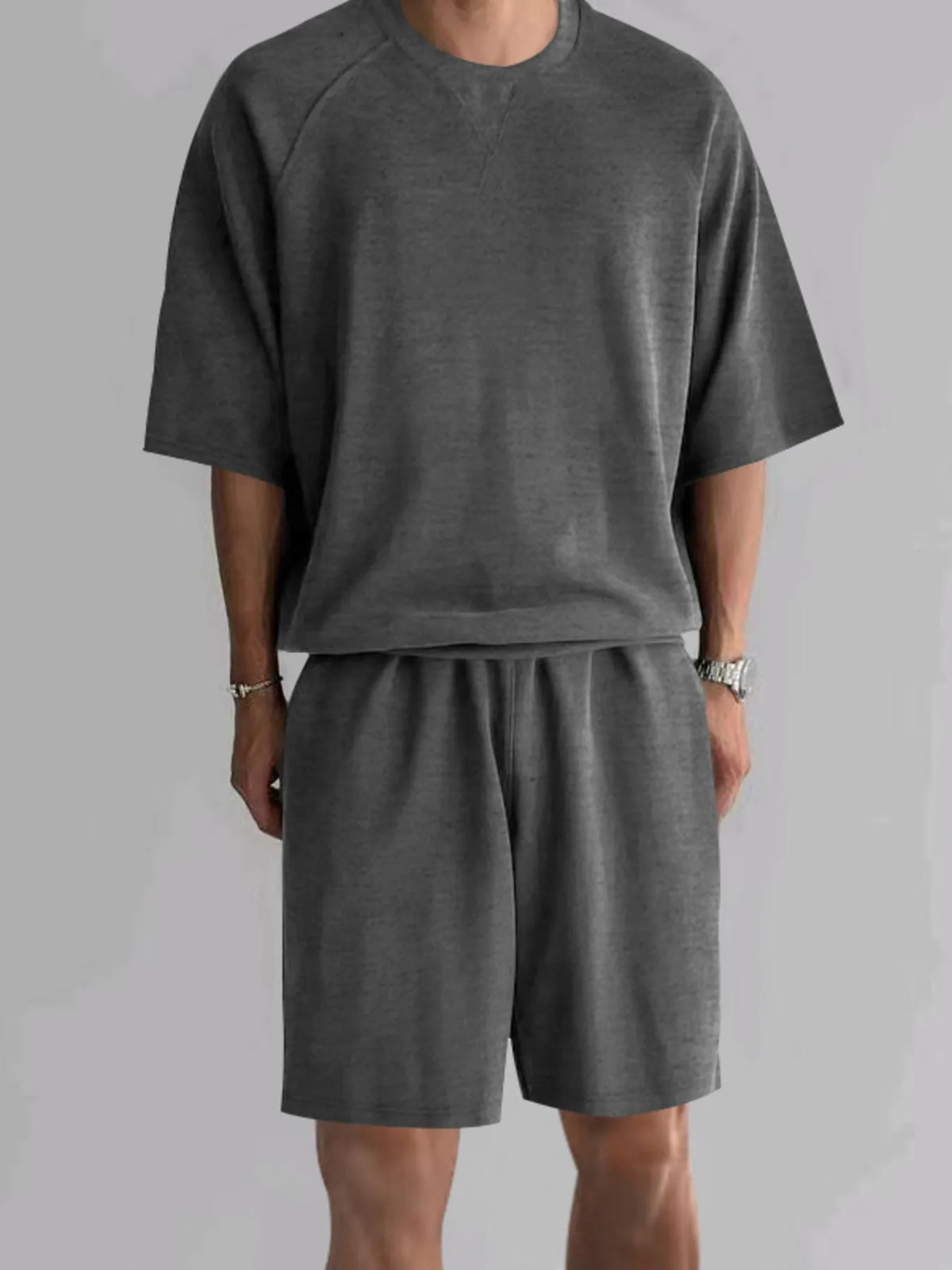 Men's Full Size Round Neck Top and Shorts Set Plus Size in Dark Gray