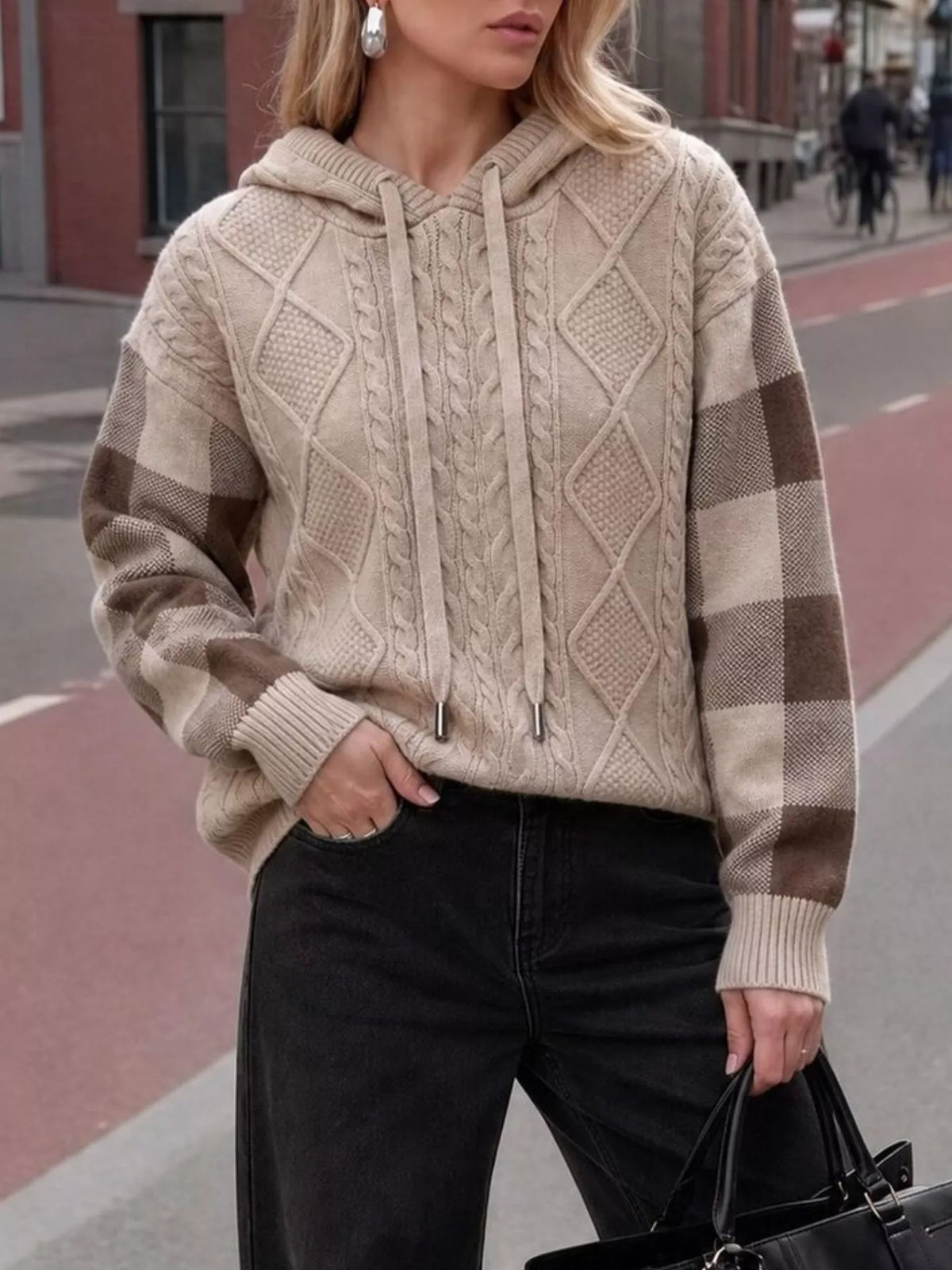 Cable-Knit Plaid Sleeves Hooded Sweater