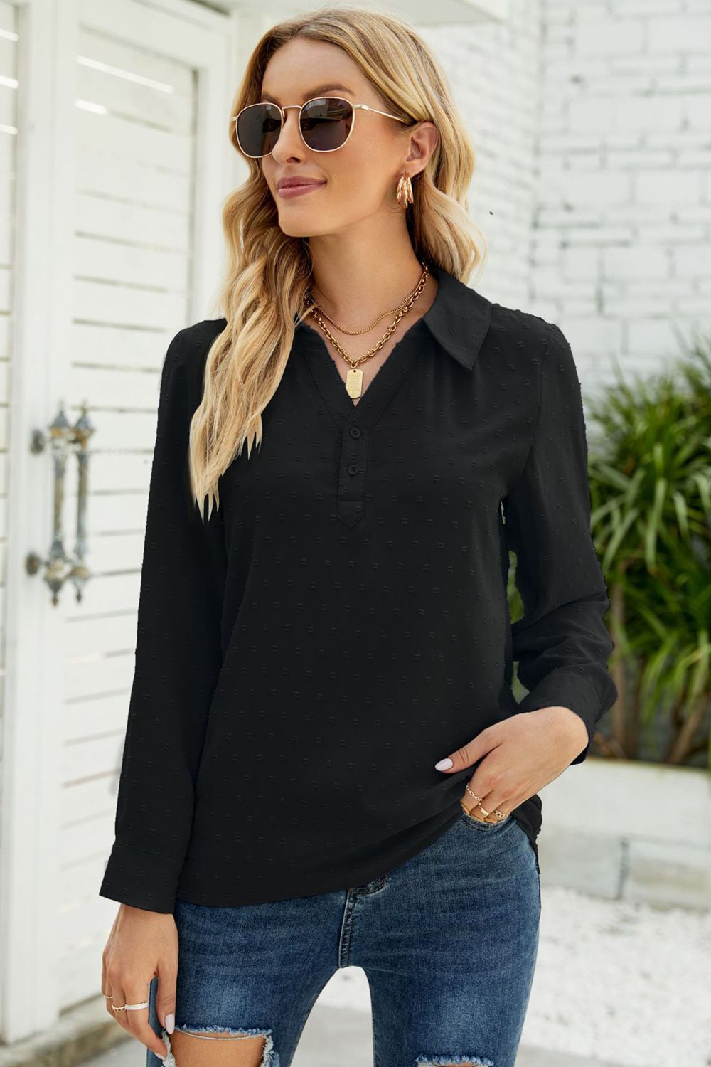 Swiss Dot Johnny Collar Blouse - Lilixa.store
