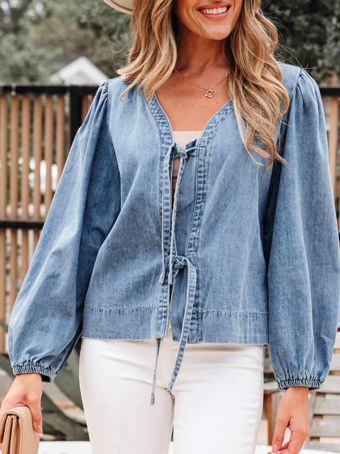 Tied Front Puff Sleeve Denim Top - Lilixa.store