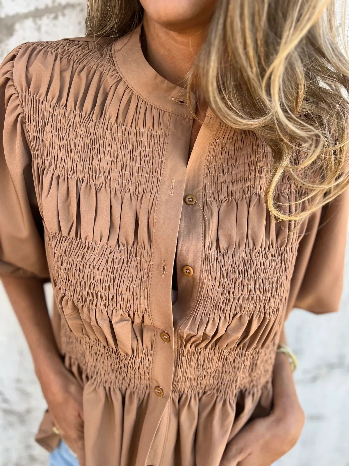 Full Size Smocked Puff Sleeve Blouse Plus Size - Lilixa.store