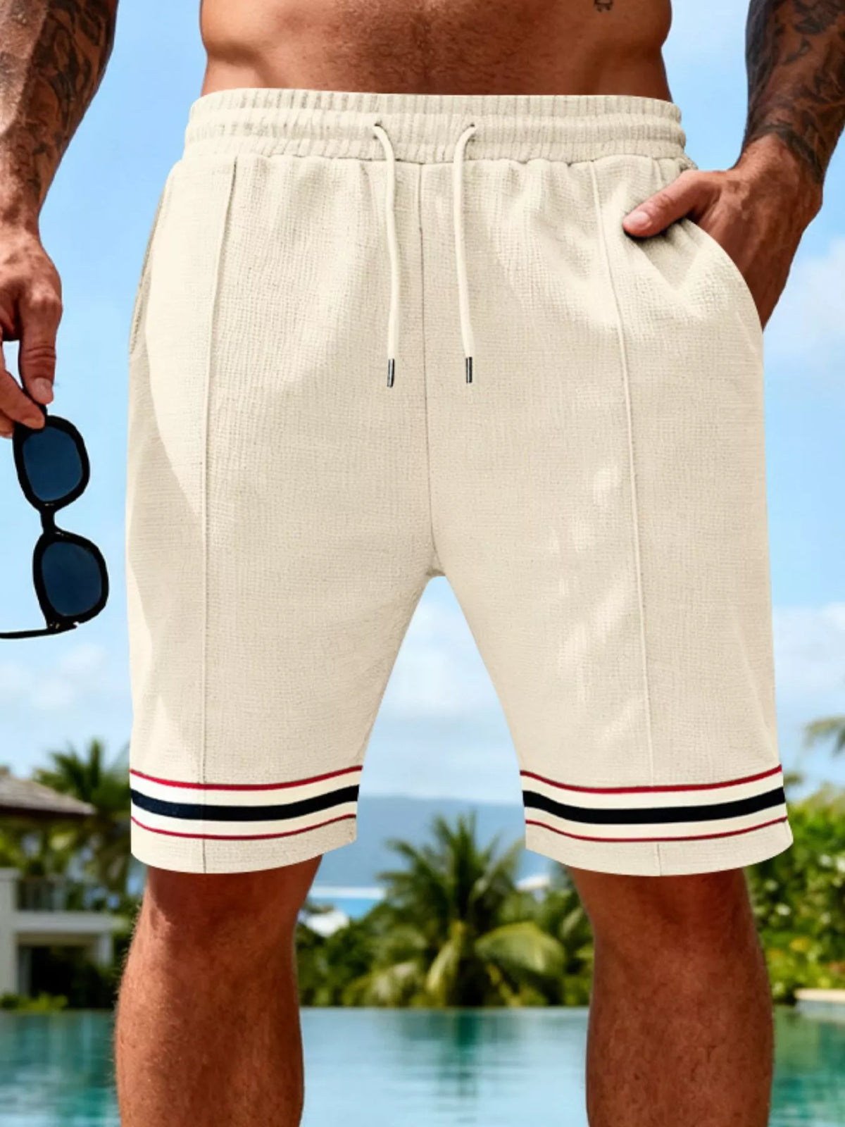 Men's Full Size Textured Knit Drawstring Shorts Plus Size in Apricot