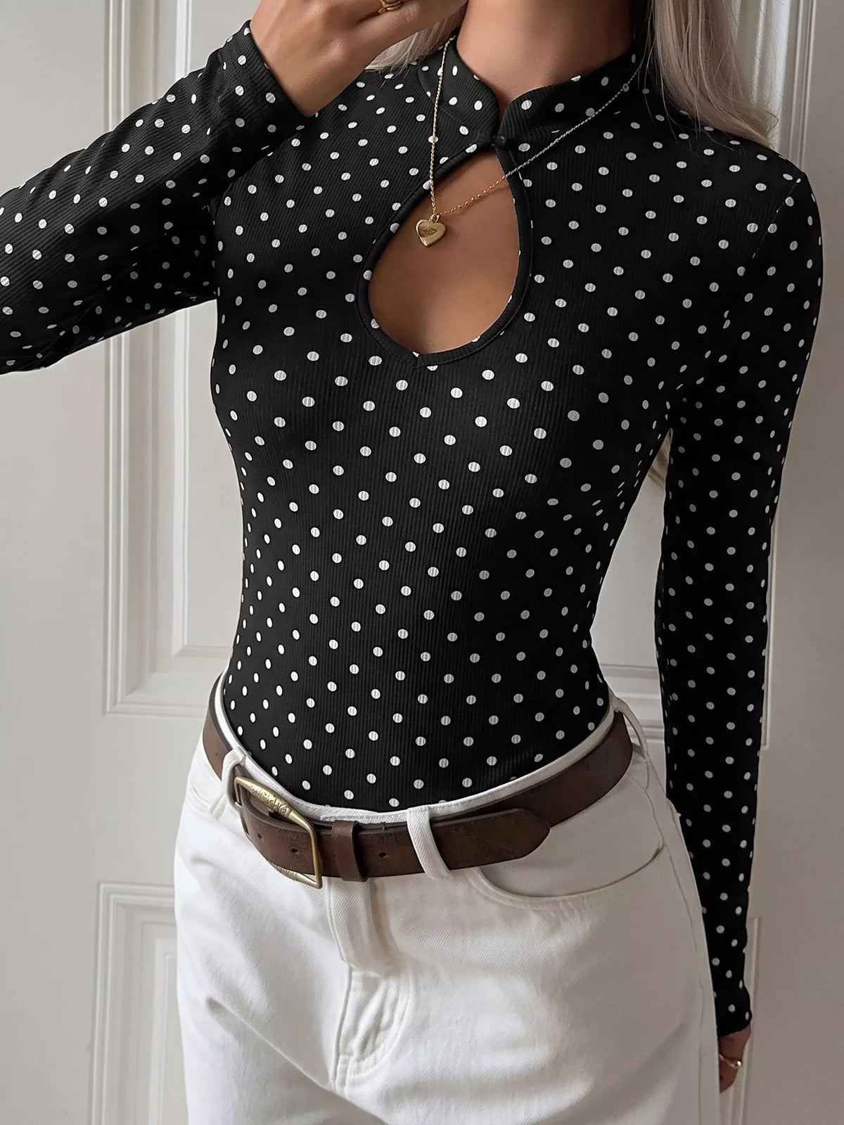 Polka Dot Cutout Long Sleeve Bodysuit