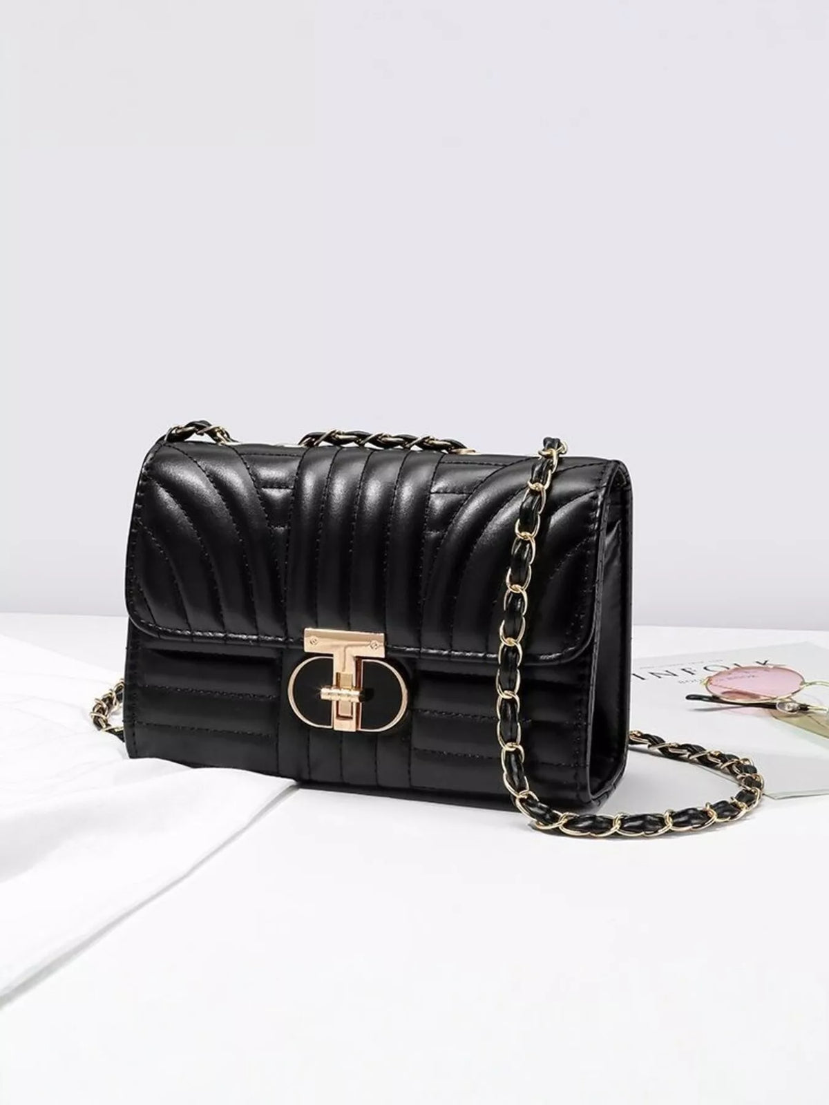 Quilted Chain Shoulder Bag with Metallic Lock in Black, view 7