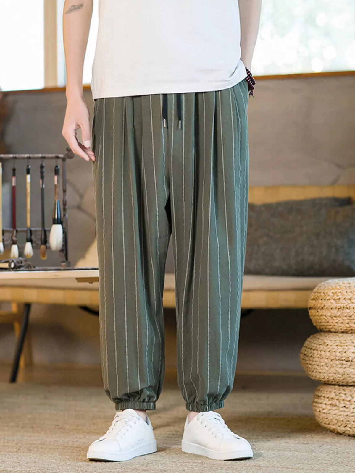 Men's Plus Size Striped Harem Pants in Army Green