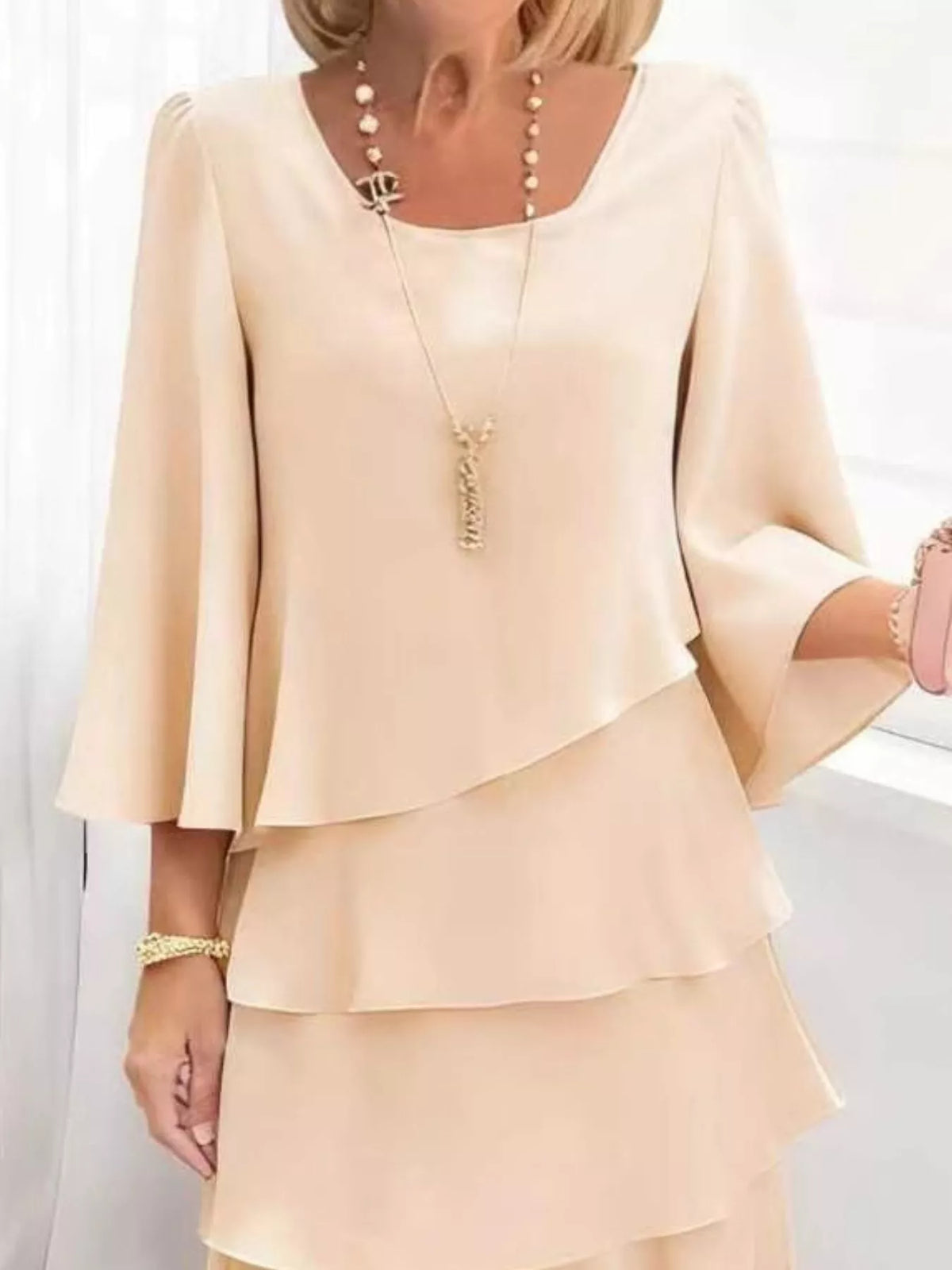 Full Size Ruffled Layered 3/4 Sleeve Dress Plus Size - Lilixa.store
