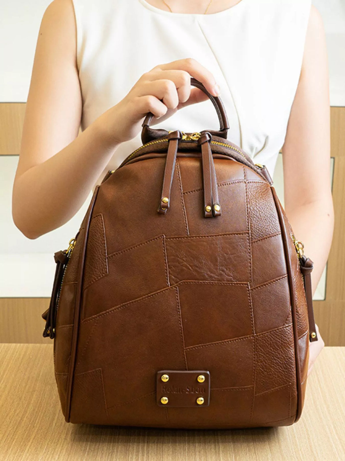 Patchwork Leather Convertible Backpack Bag in Brown, view 3