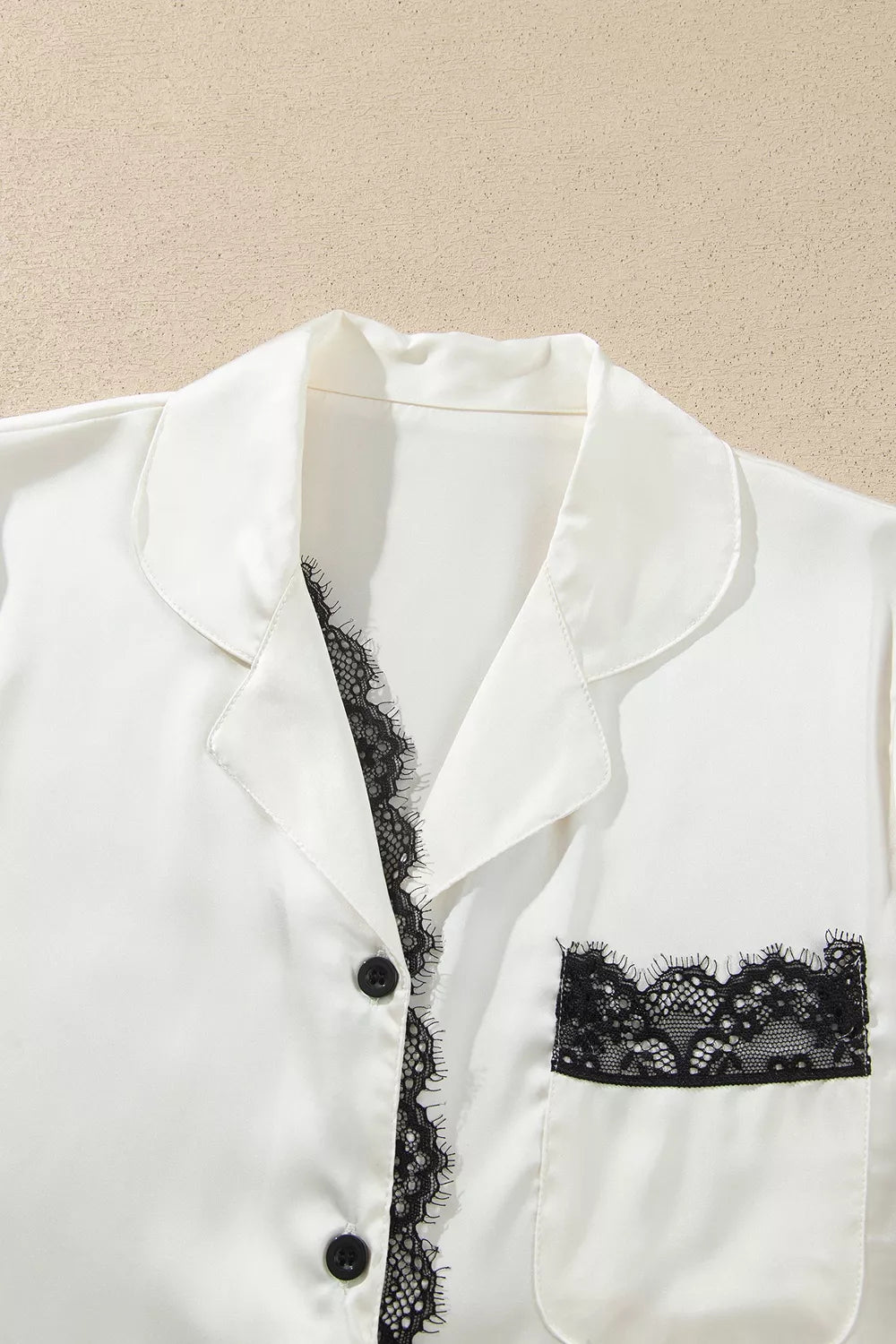 Long Sleeve Lace Trim Button Front Pajama Set in White, view 4
