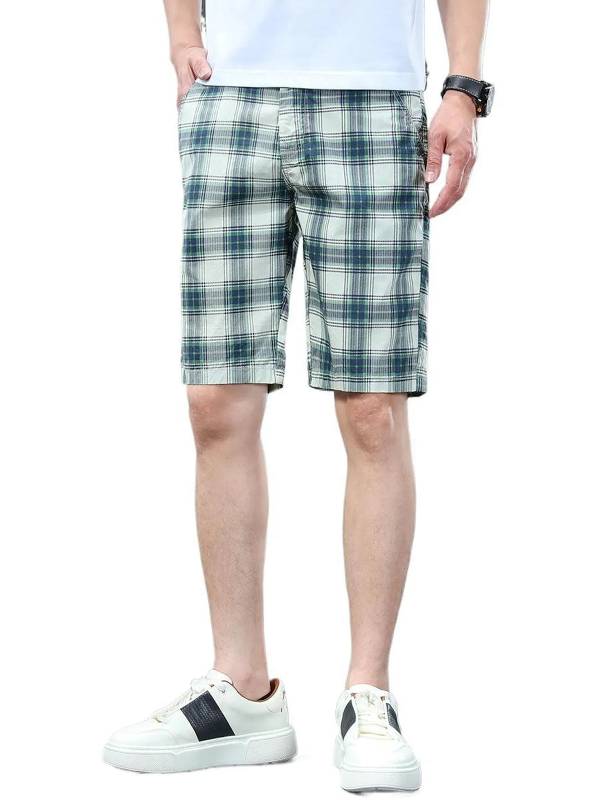 Men's Plaid Shorts with Pockets in Dark Green, view 3