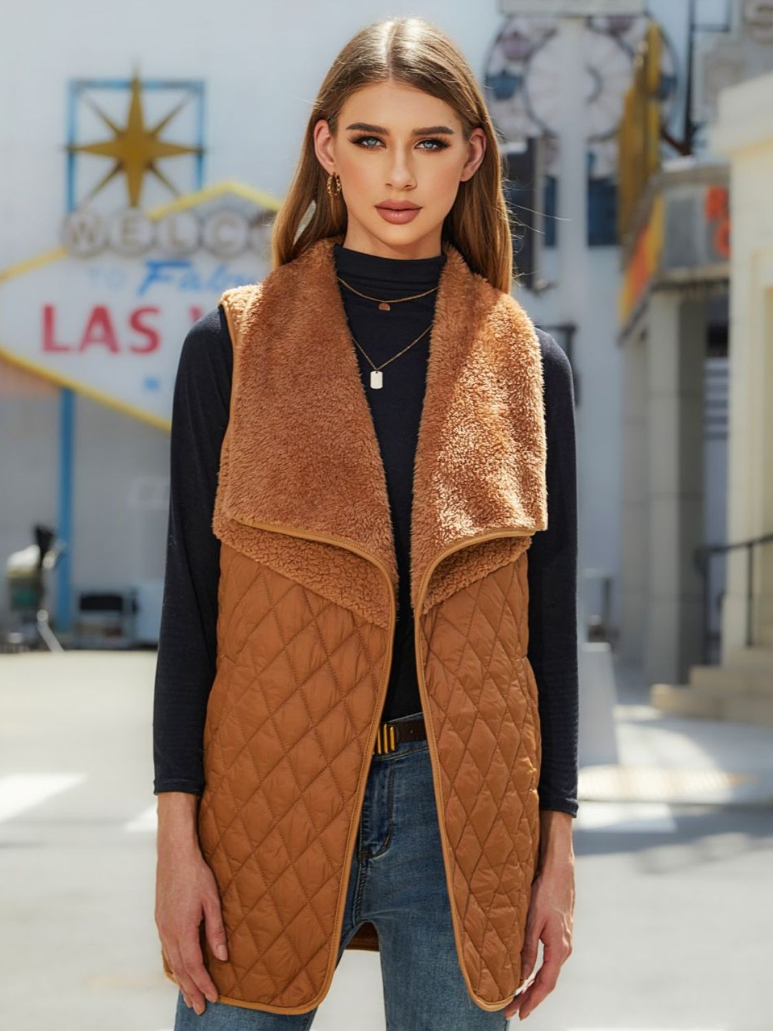 Open Front Collared Vest in Camel