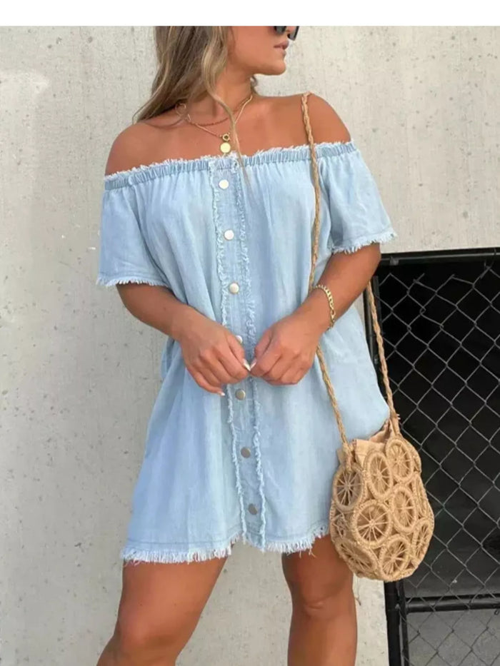 Full Size Off-Shoulder Button-Down Frayed Denim Dress Plus Size - Lilixa.store