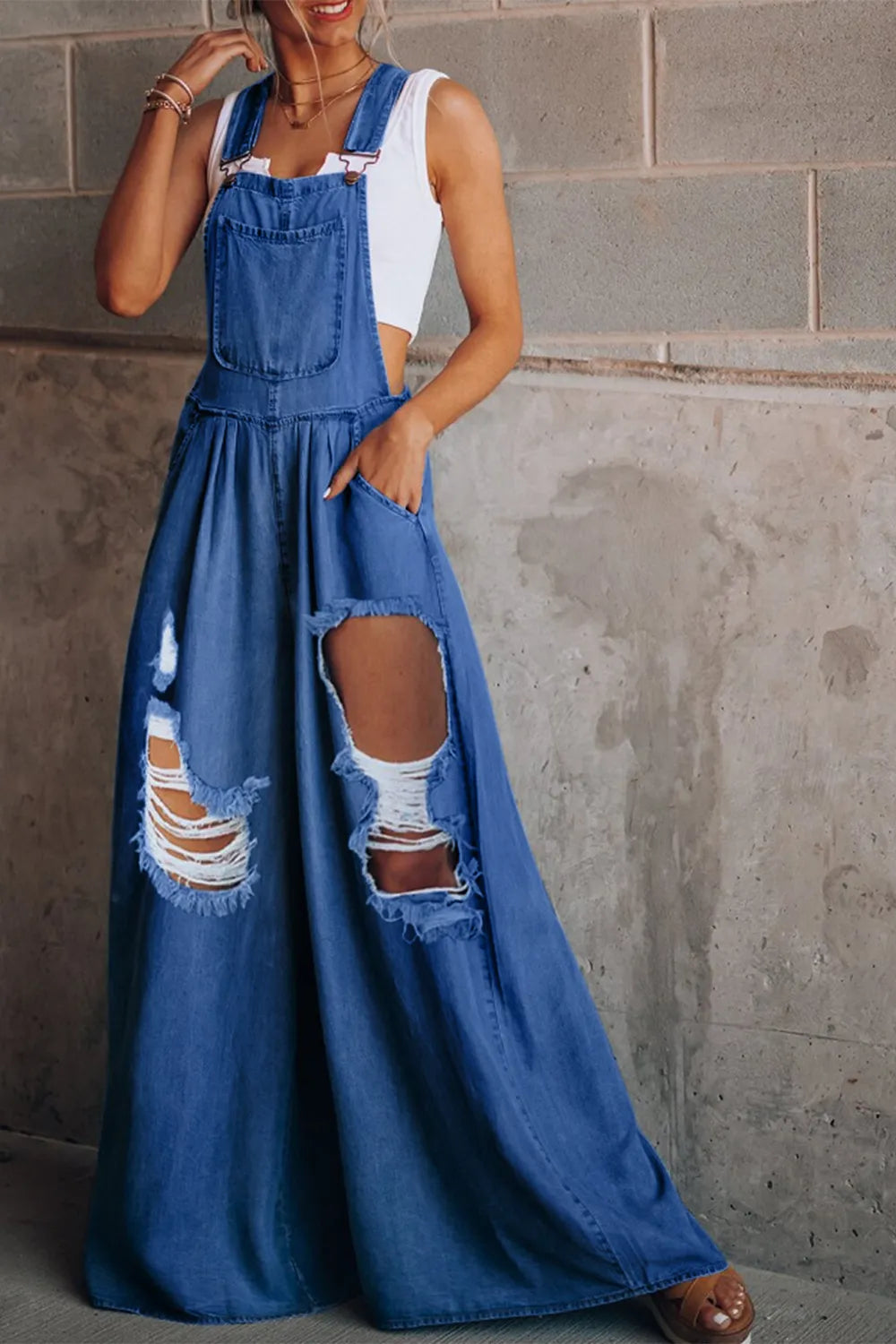Distressed Wide Leg Denim Overalls - Lilixa.store