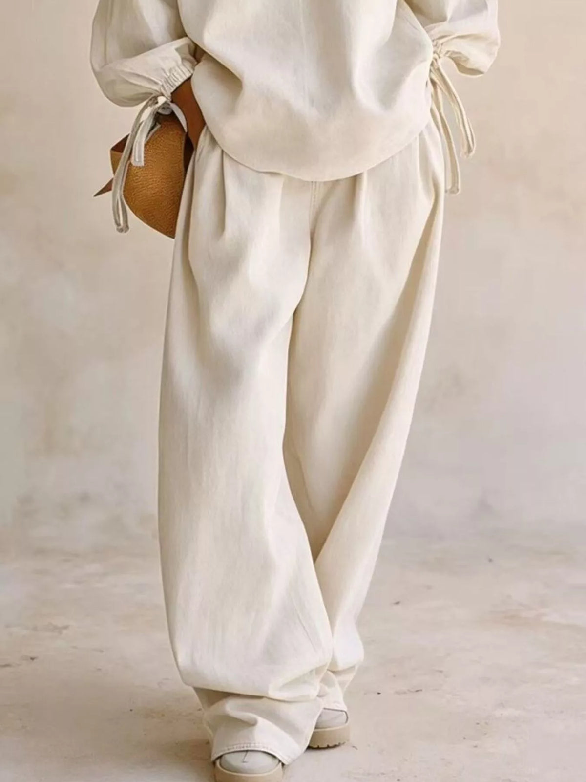 Relaxed Fit Drawstring Sleeve Detail Top and Pants Denim Set in Cream