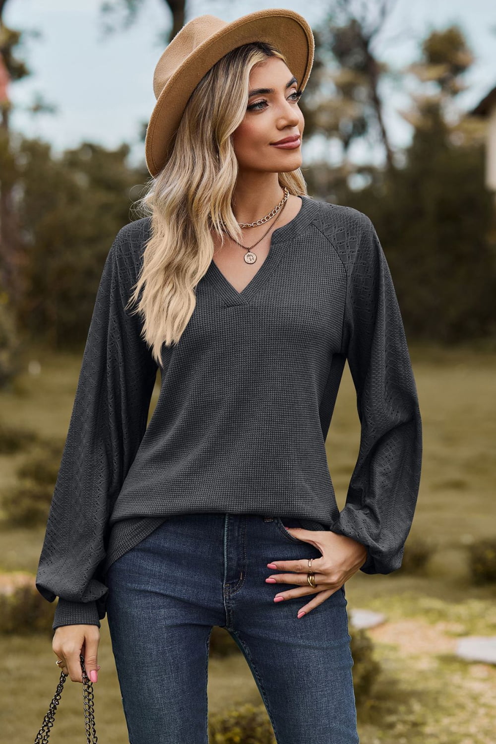 Notched Neck Raglan Sleeve Blouse in Dark Gray
