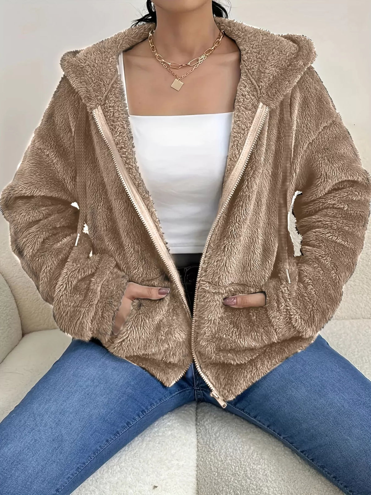 Drawstring Fleece Zip-Up Outerwear, view 5