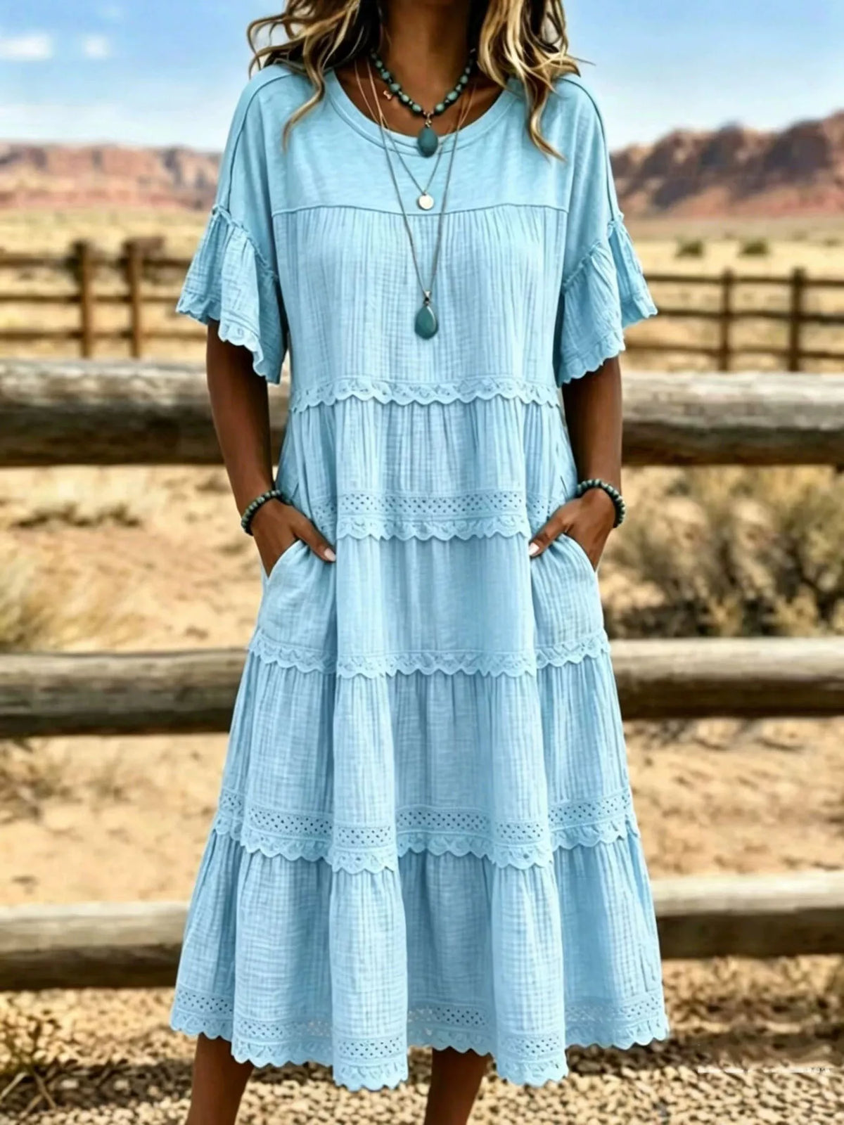Full Size Tiered Ruffle Sleeve Midi Dress with Pockets Plus Size - Lilixa.store