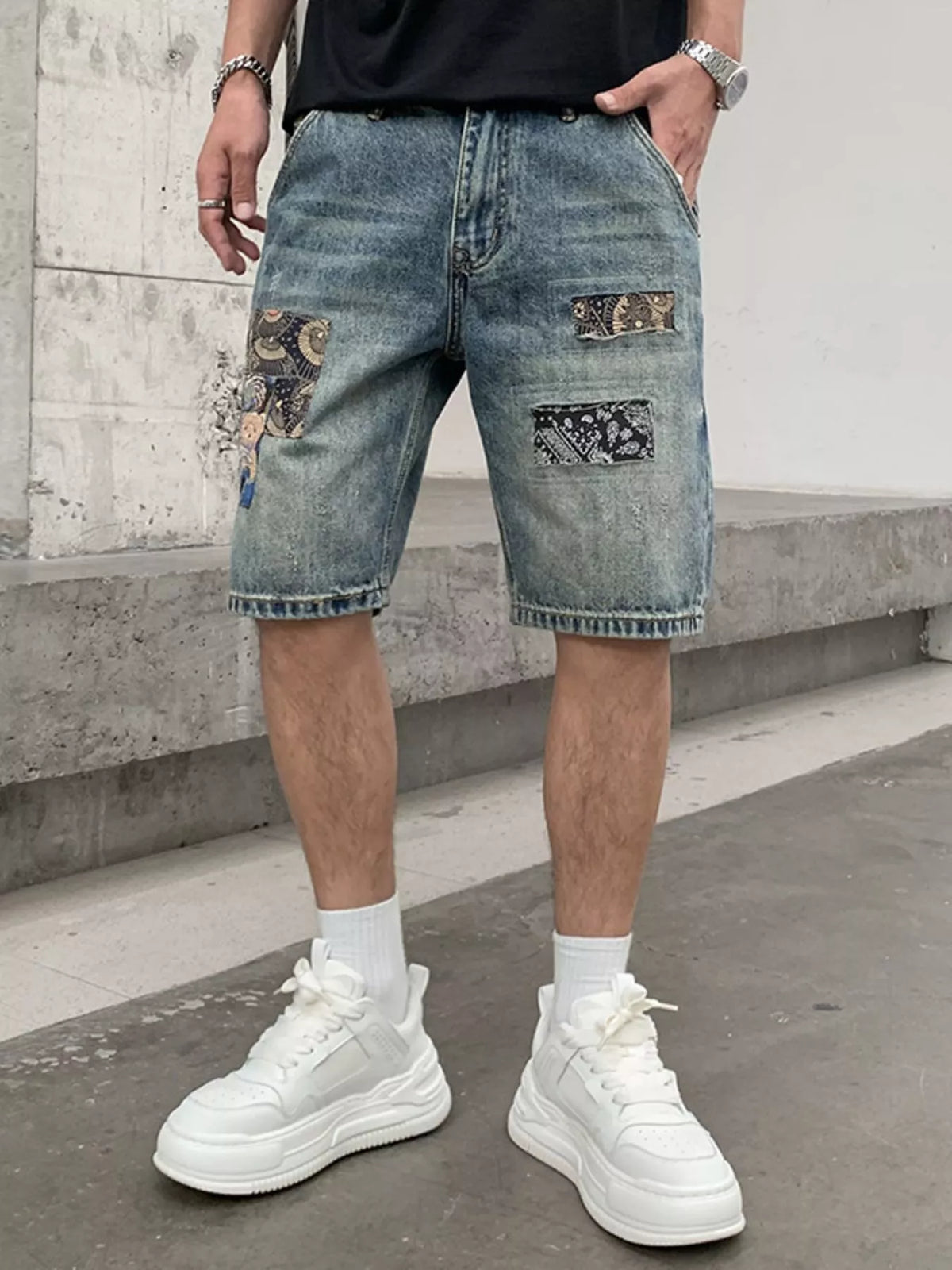 Men's Patchwork Graphic Denim Shorts - Lilixa.store