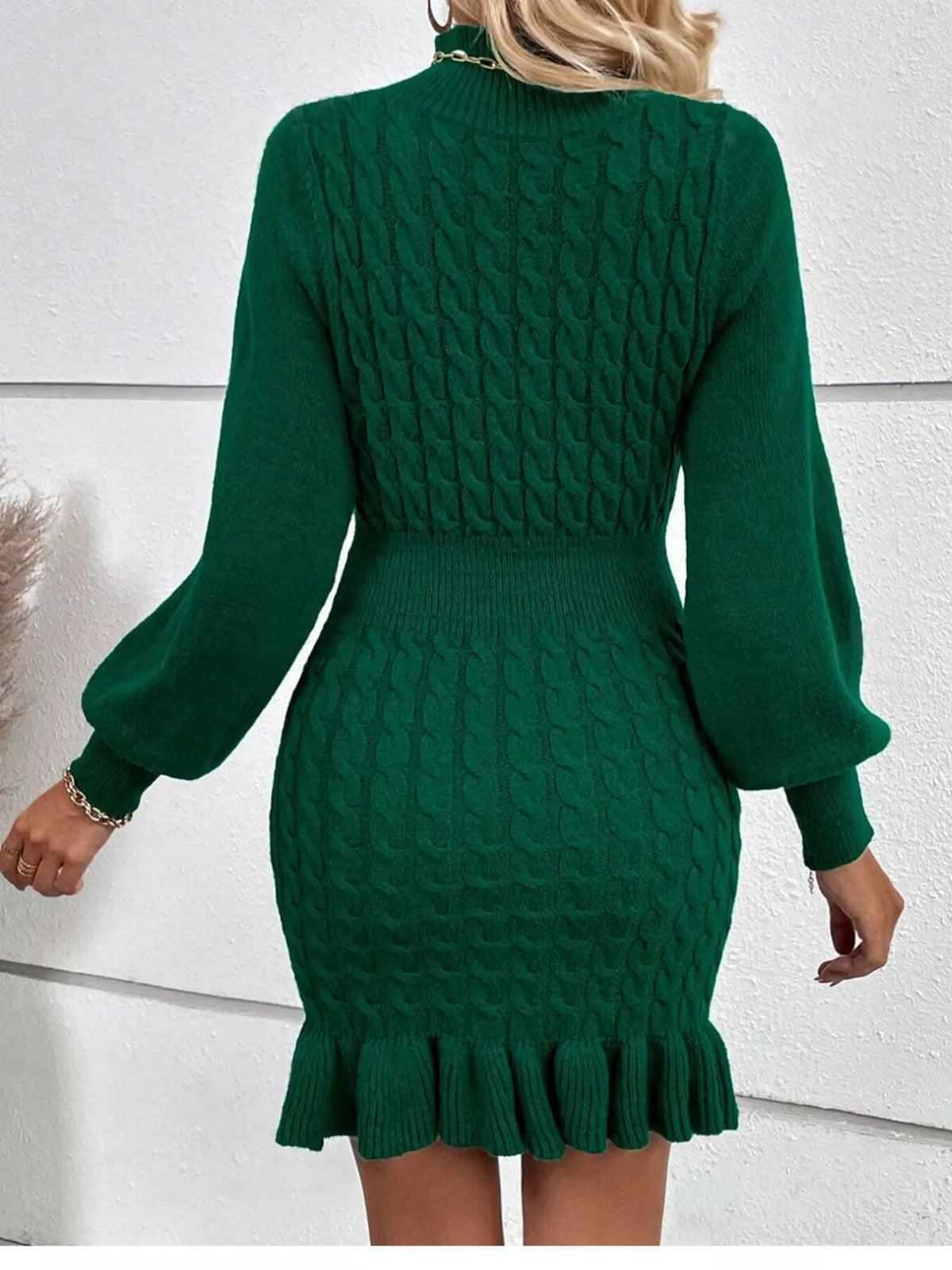 Cable Knit Mock Neck Ruffle Hem Sweater Dress, view 3