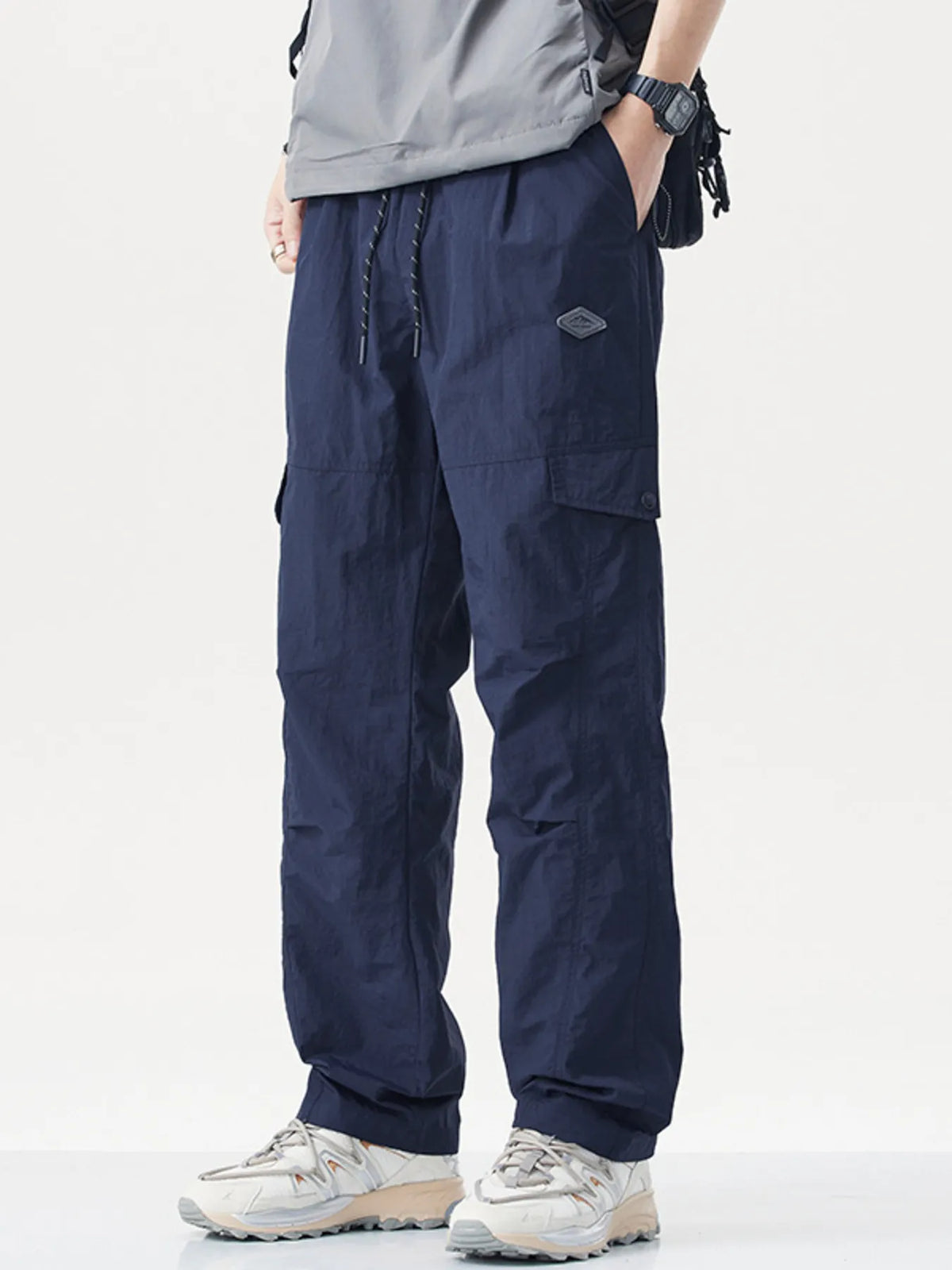 Men's Plus Size Relaxed Fit Cargo Pants with Drawstring in Navy Blue