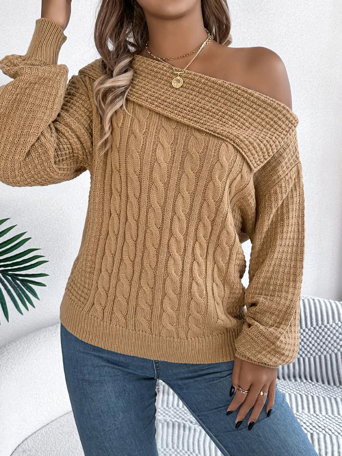 One Shoulder Cable Knit Sweater