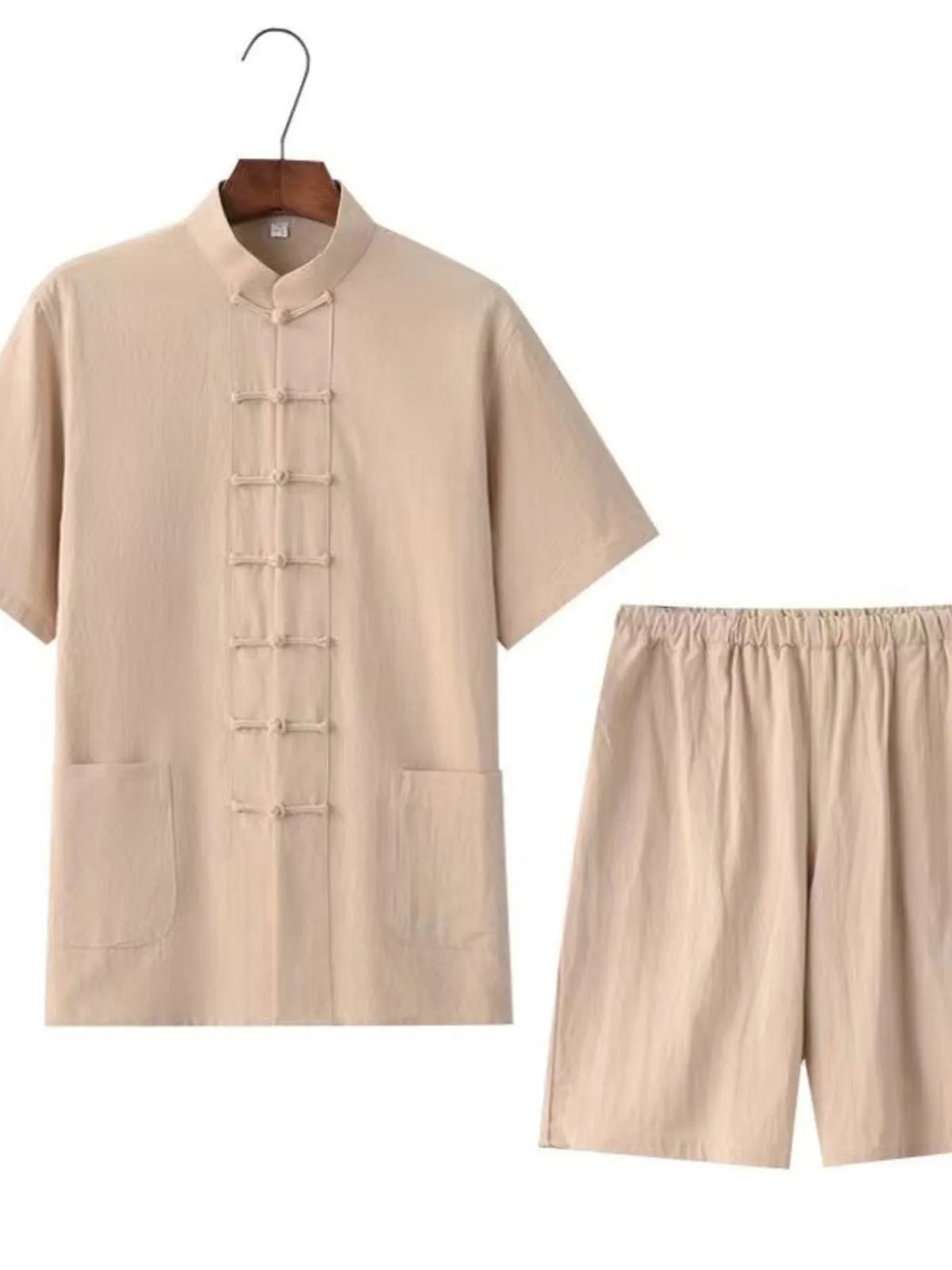 Men's Plus Size Chinese Style Top and Shorts Set in Apricot