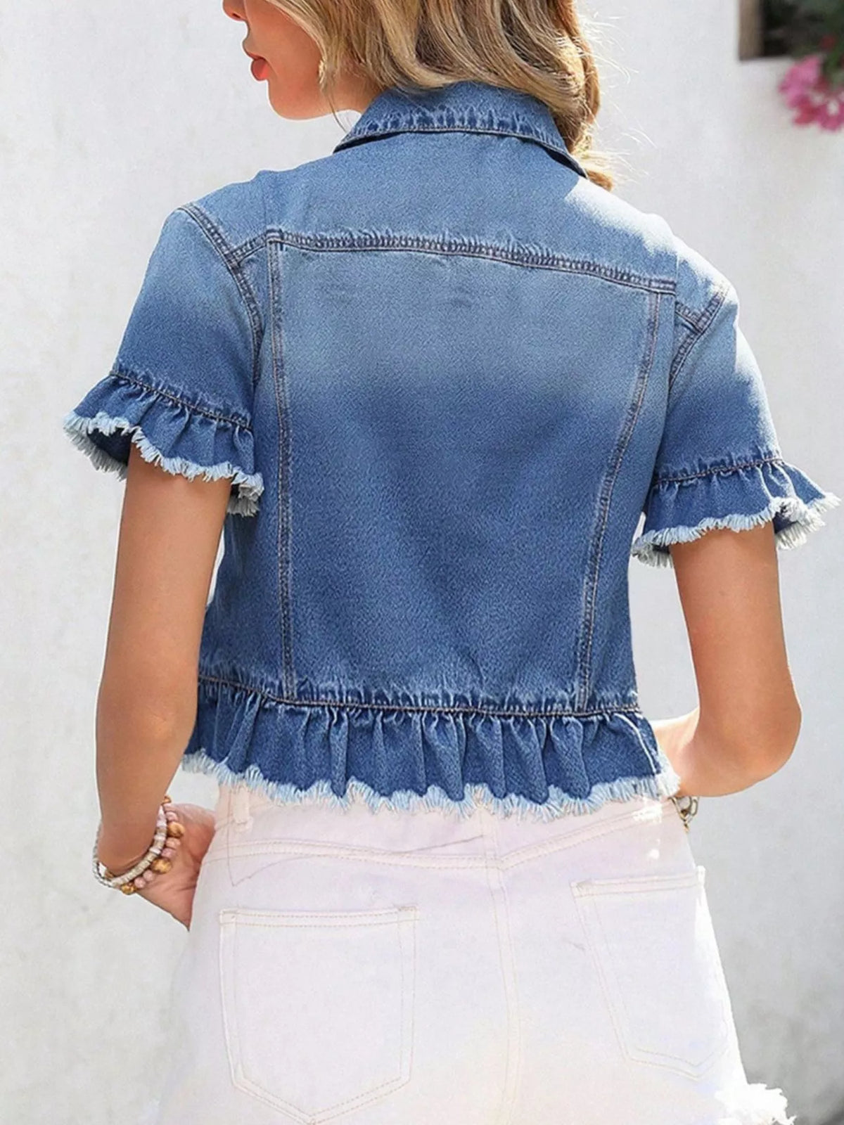 Ruffle Hem Short Sleeve Denim Jacket in Blue, view 5