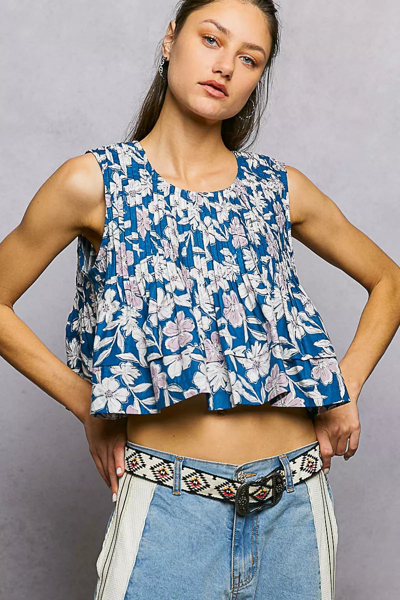 POL Floral Round Neck Cropped Pintuck Tank - Lilixa.store