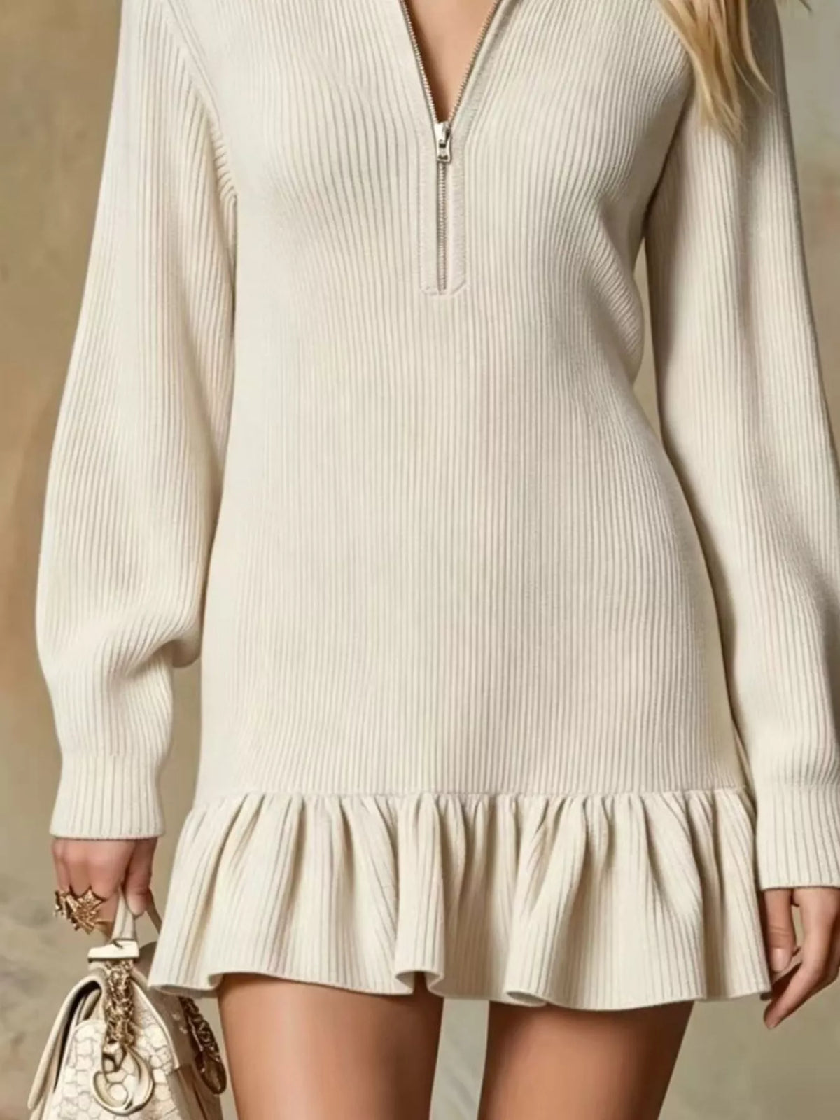 Ruffle Hem Half Zip Dress - Lilixa.store