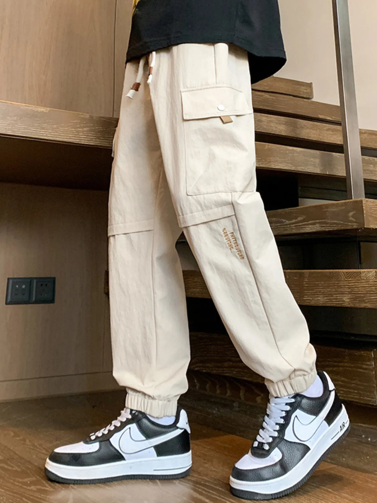 Men's Plus Size Casual Cargo Pants with Drawstring Waist in Khaki