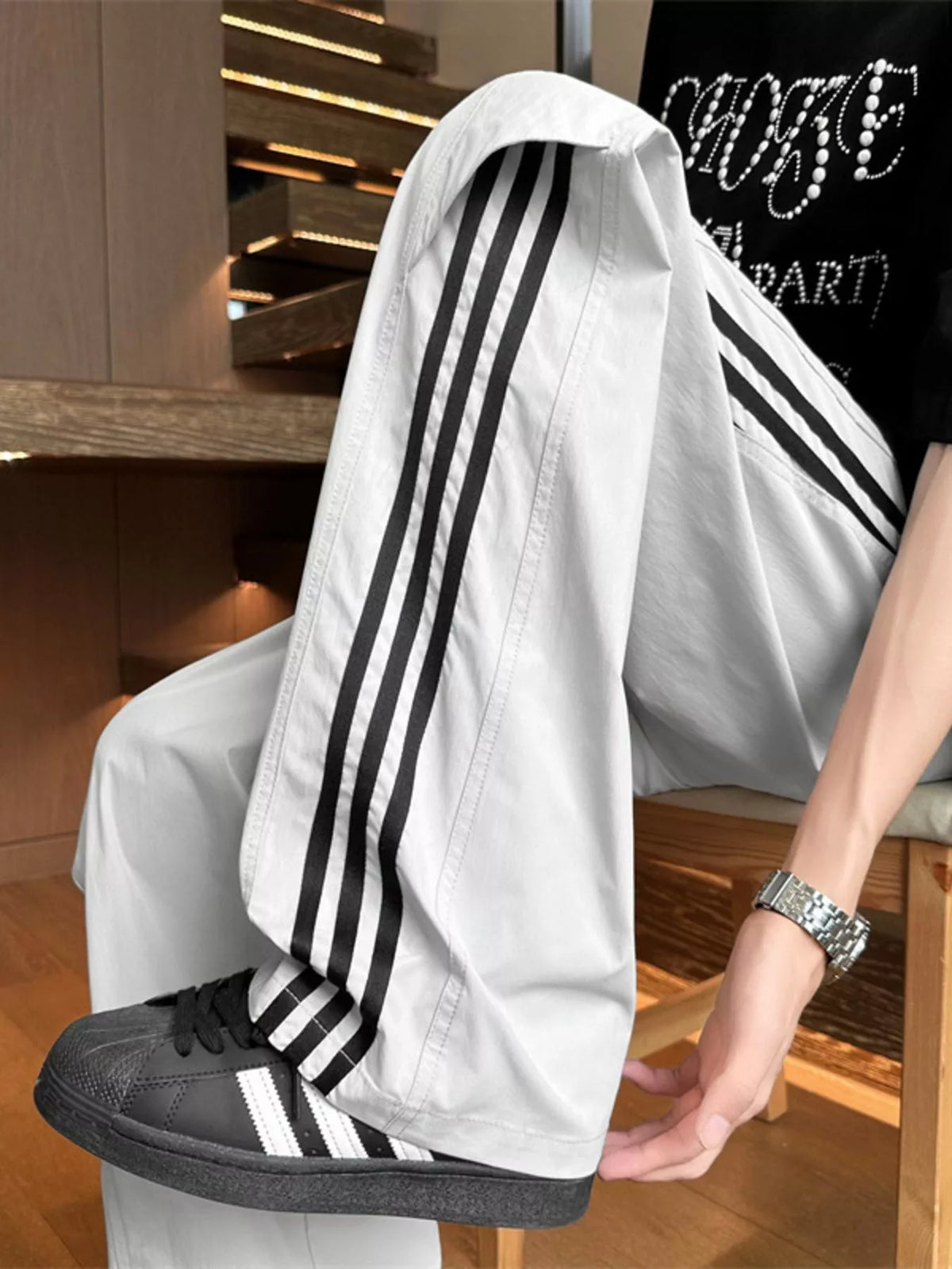 Men's Full Size Stripe Wide Leg Pants Plus Size, view 4