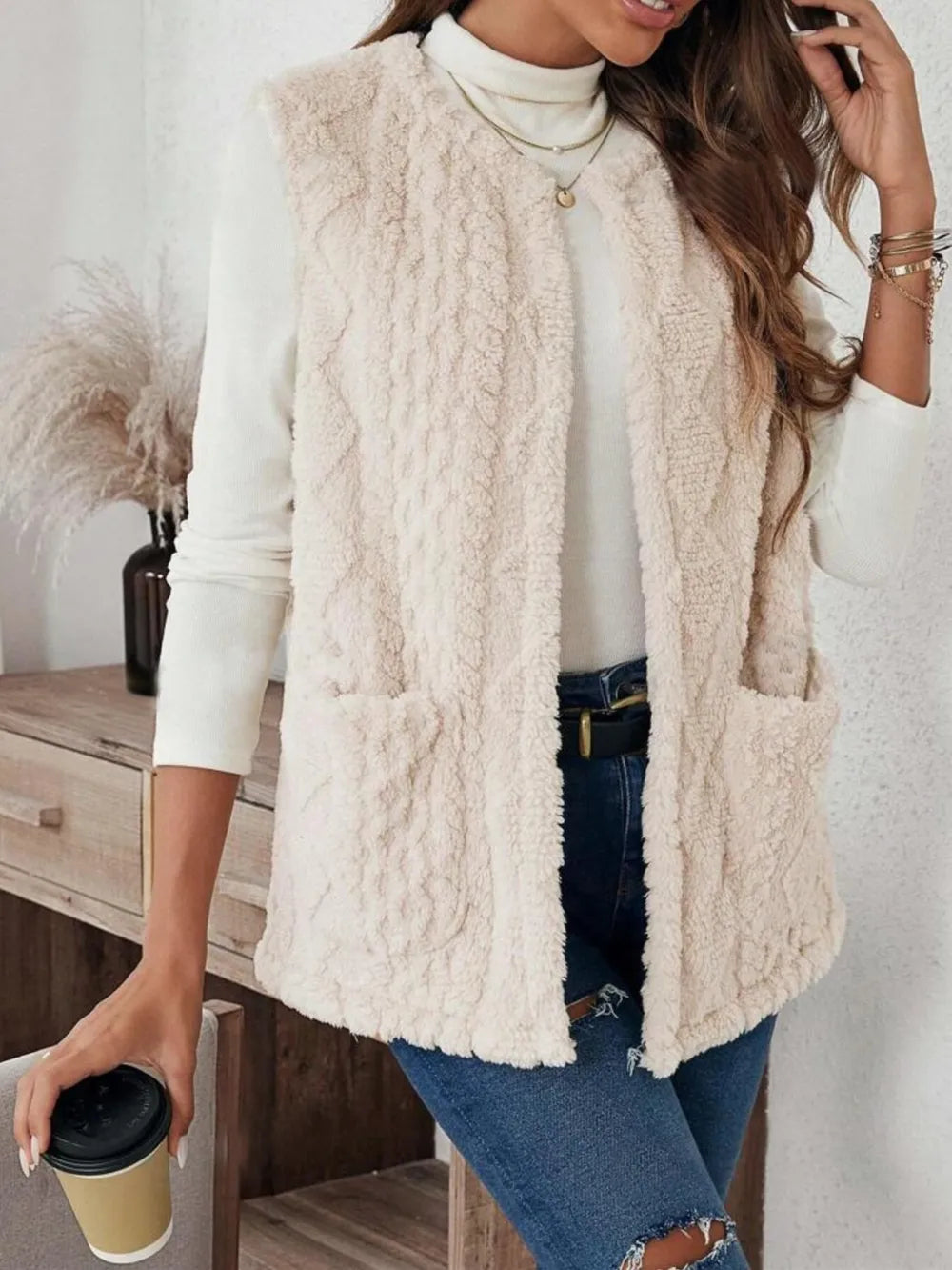 Fuzzy Open Front Vest with Pockets in Dust Storm, view 3