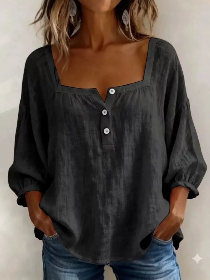 Full Size Square Neck Button Detail Blouse Plus Size - Lilixa.store