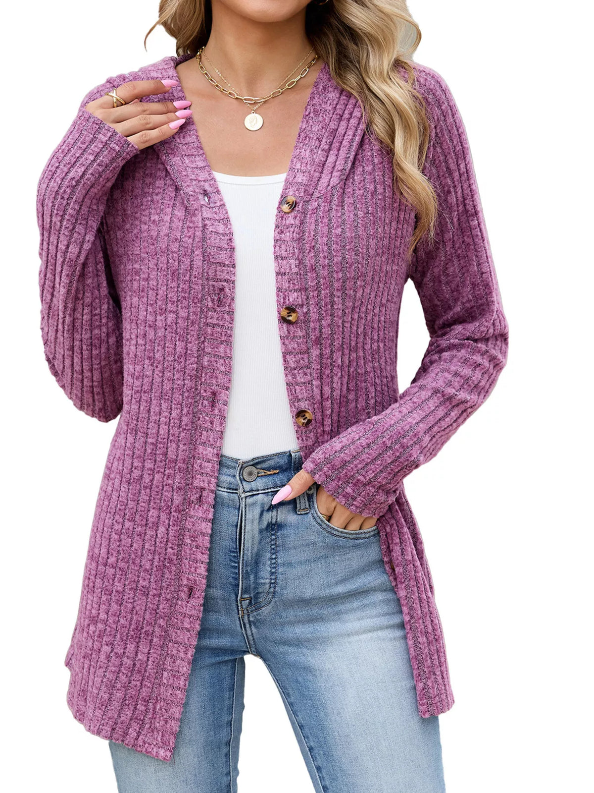 Ribbed Knit Hooded Button-Down Cardigan - Lilixa.store