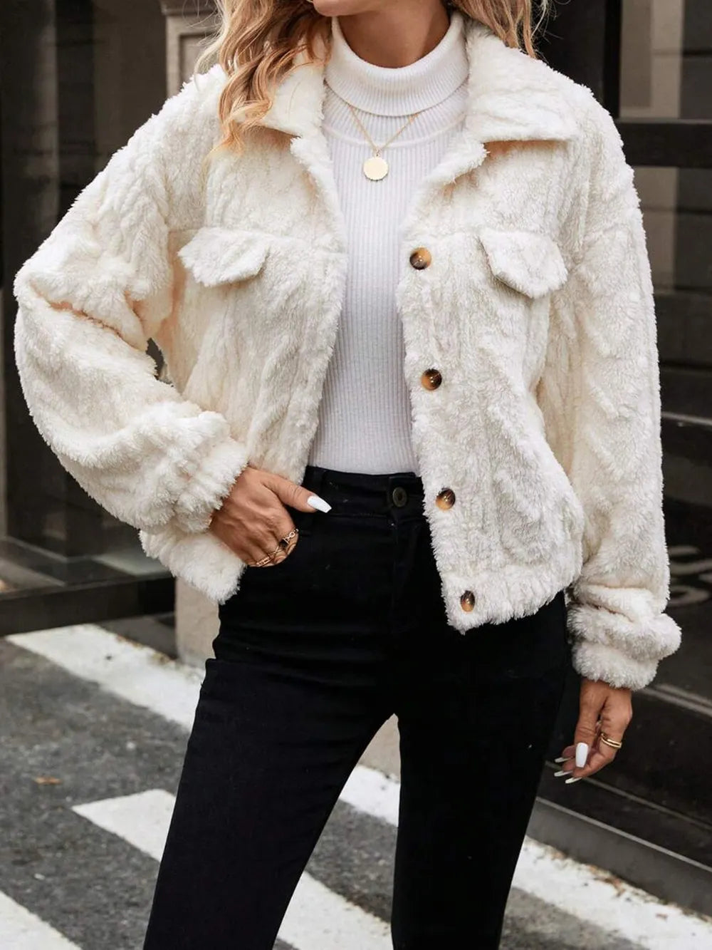 Button Up Long Sleeve Fuzzy Outerwear in Ivory, view 3