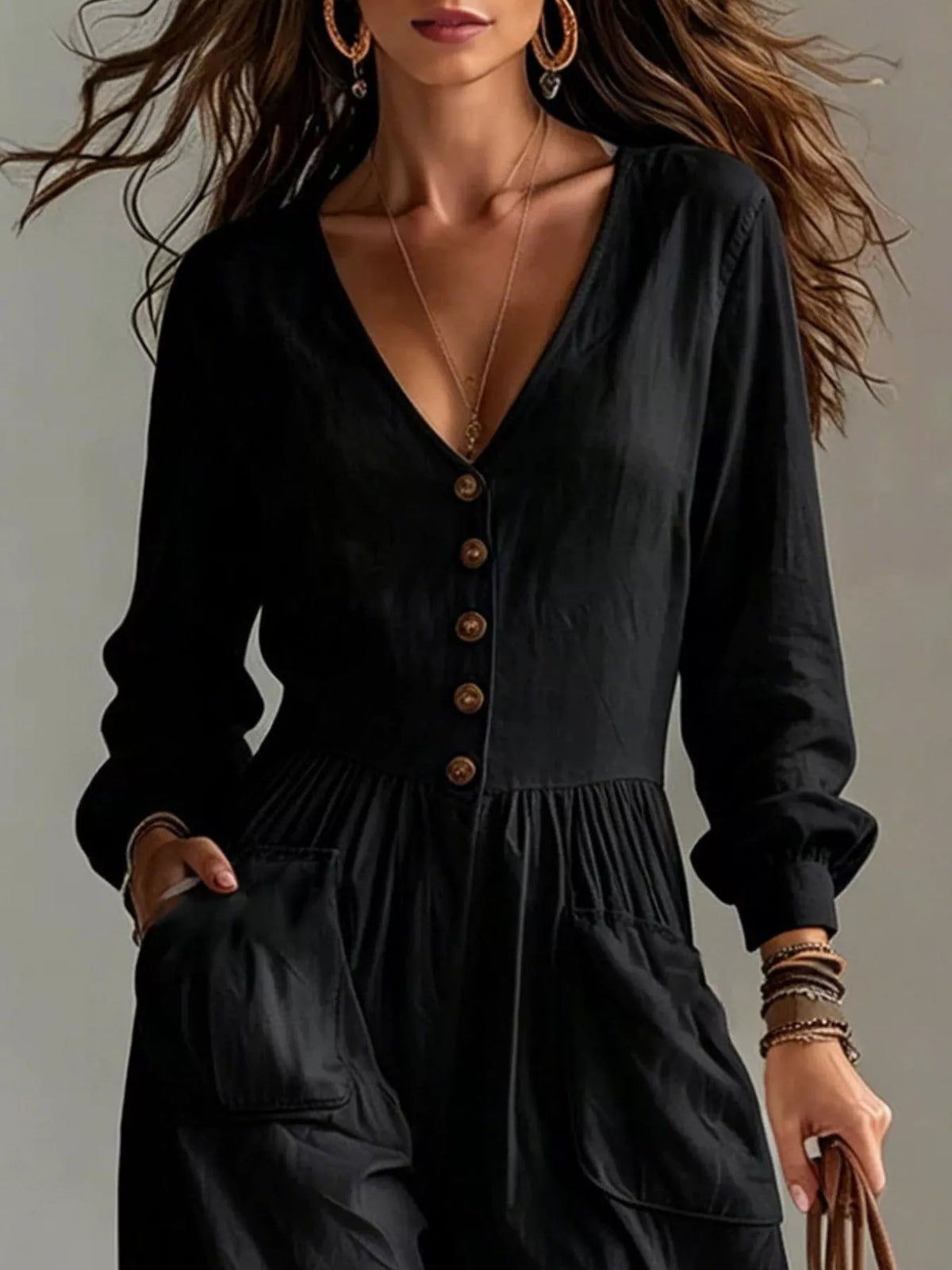 V-Neck Long Sleeve Button Front Wide-Leg Jumpsuit