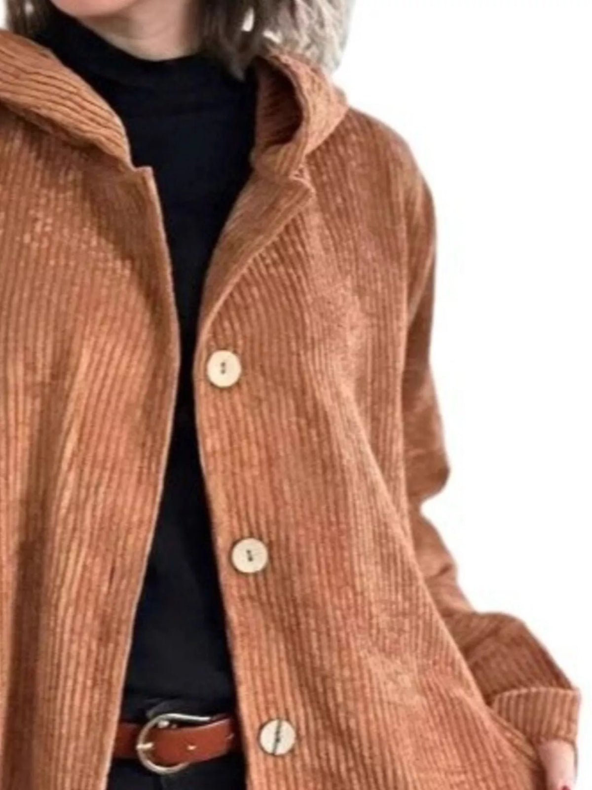 Full Size Corduroy Button Up Hooded Jacket Plus Size, view 5