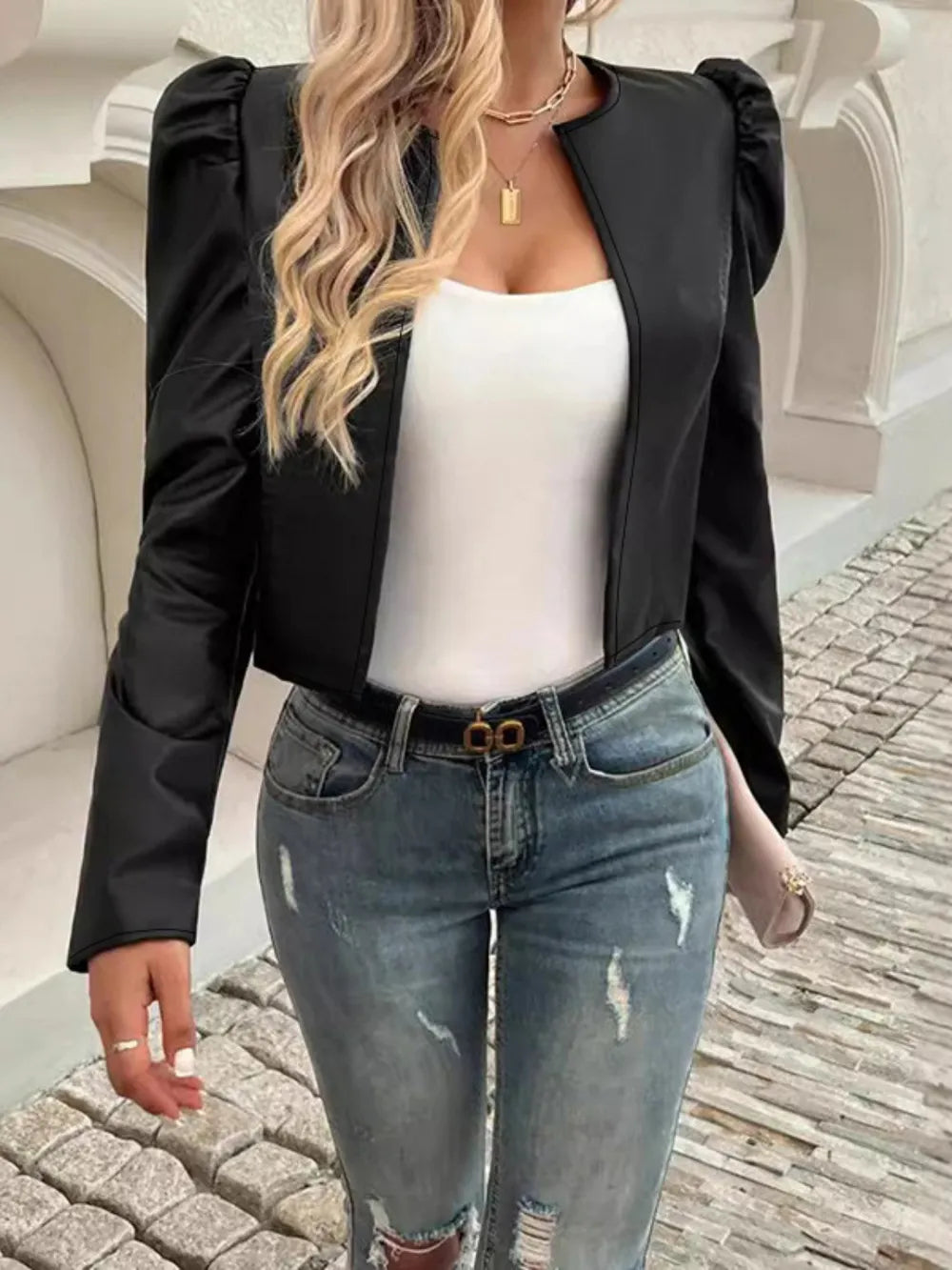 PU Leather Open Front Puff Sleeve Jacket, view 5