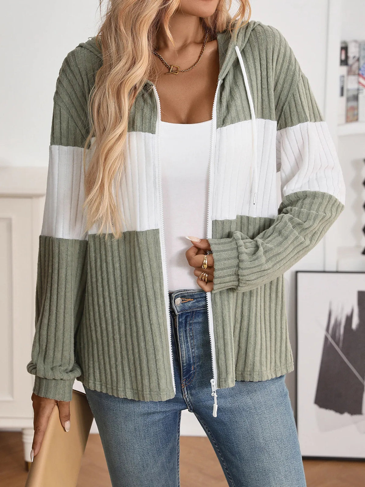 Drawstring Color Block Zip Up Outerwear - Lilixa.store