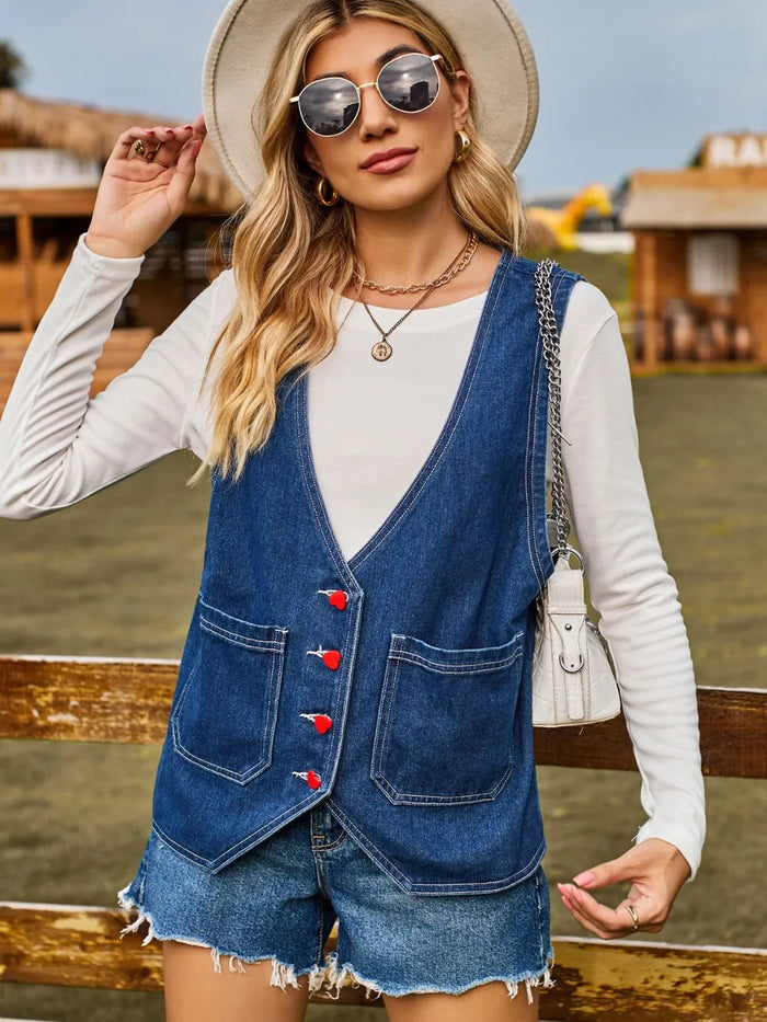 Pocketed Button Up Sleeveless Denim Jacket in Dark Blue