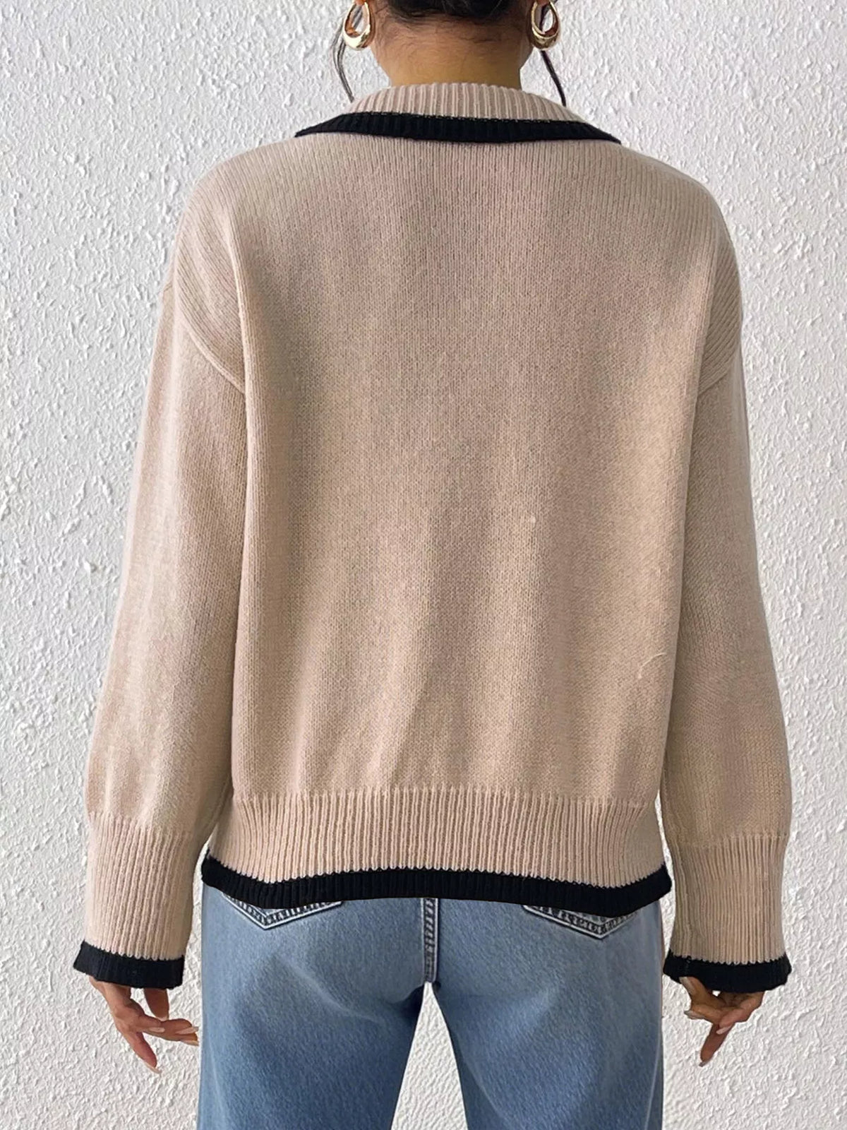 Contrast Trim Polo Collar Sweater - Lilixa.store