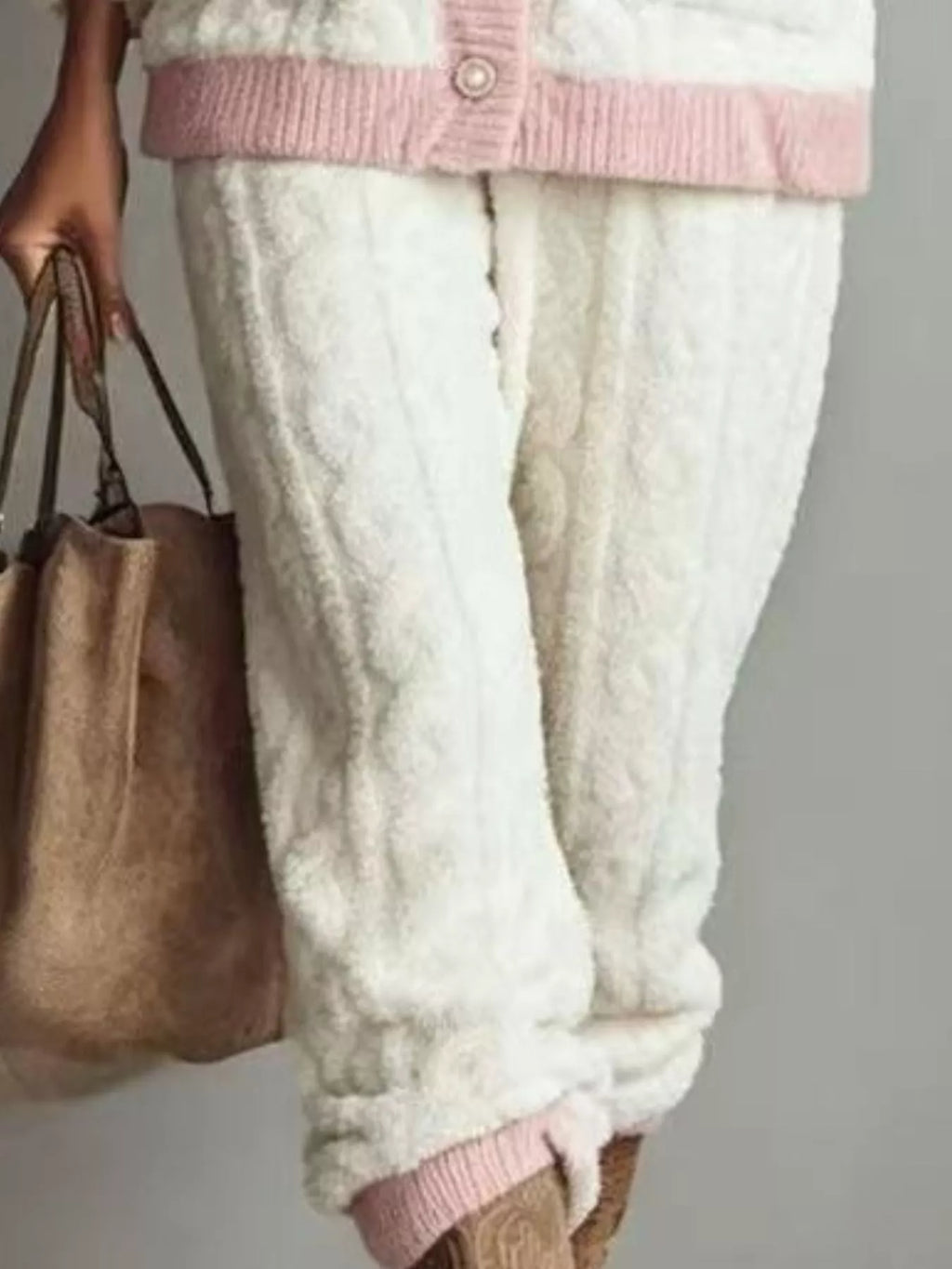 Peach Fleece Contrast Trim Top and Pants Lounge Set - Lilixa.store