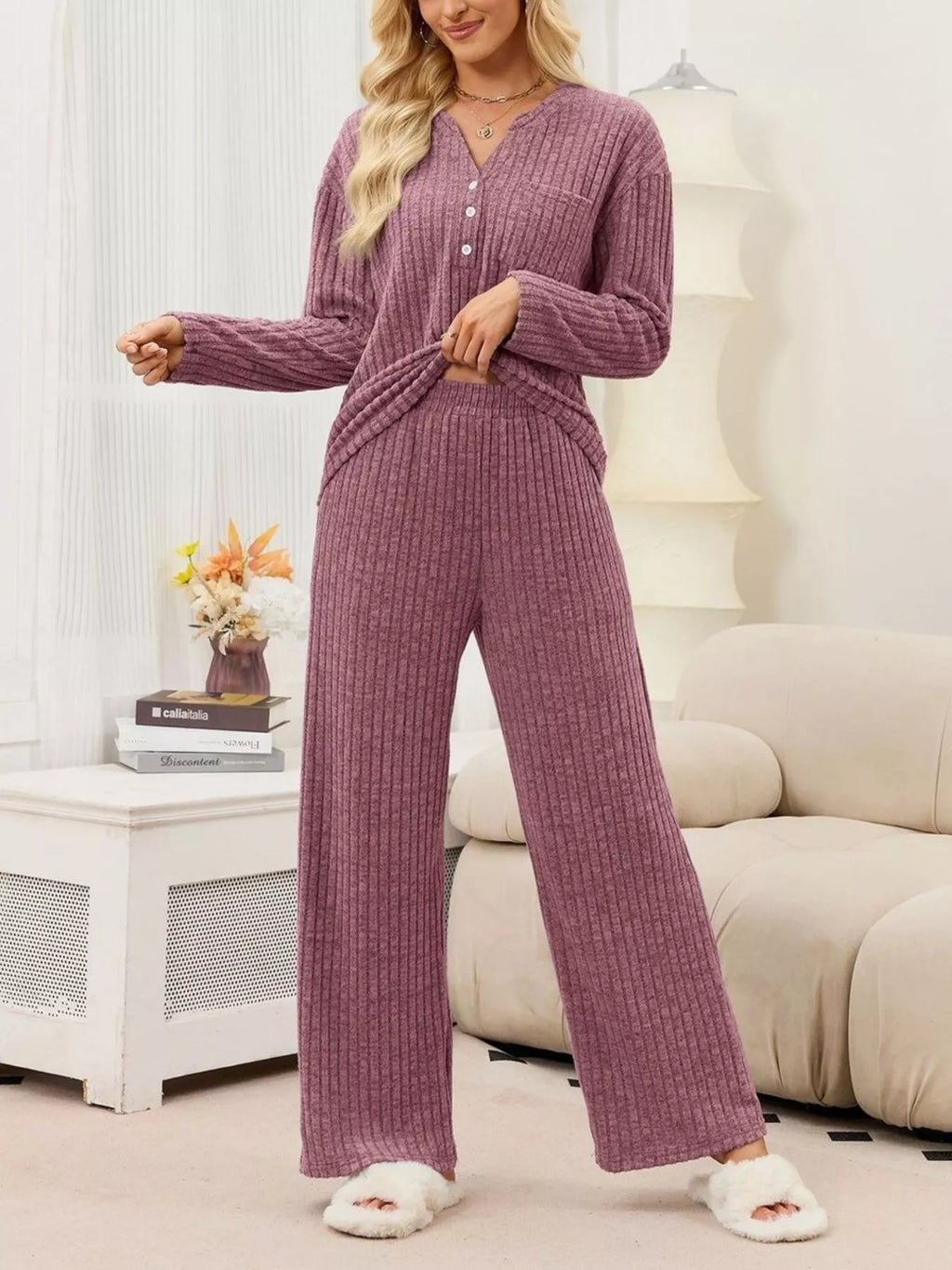 Ribbed Knit Top and Wide-Leg Pants Set - Lilixa.store