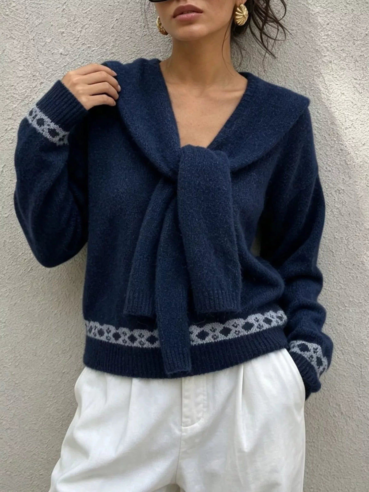 Scarf Detail Dropped Shoulder Sweater in Navy Blue