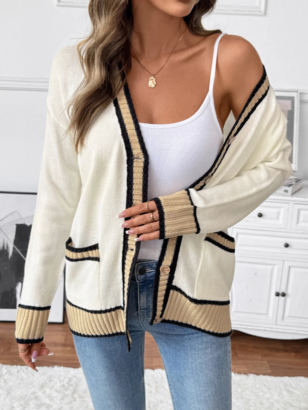 Contrast Trim Button Up Knit Cardigan - Lilixa.store