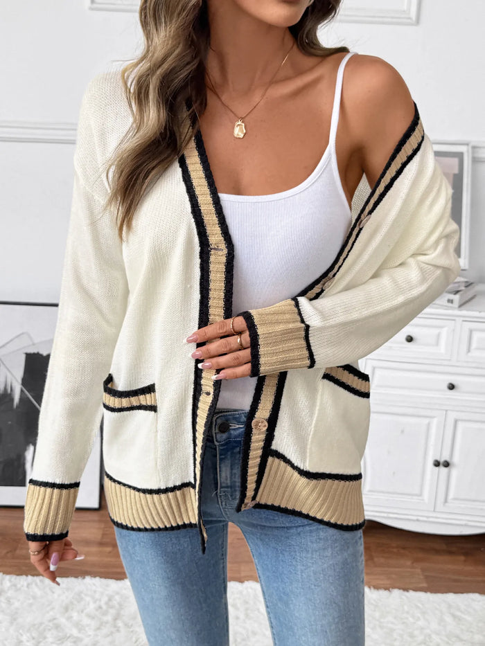 Contrast Trim Button Up Knit Cardigan - Lilixa.store