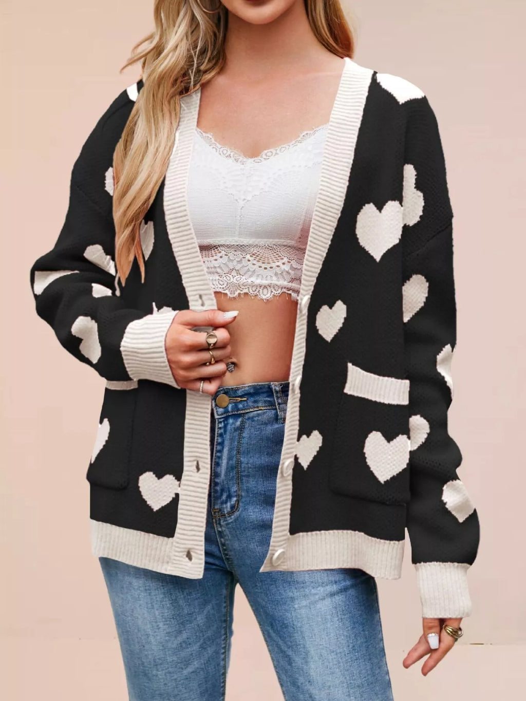 Heart Pattern V-Neck Button-Down Knit Cardigan - Lilixa.store