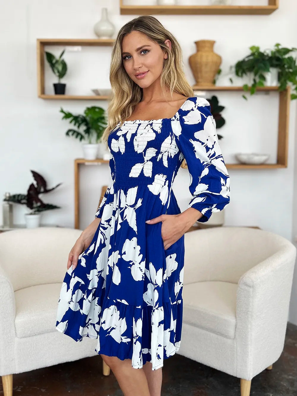 Double Take Full Size Floral Ruffle Hem Smocked Dress with Pockets - Lilixa.store