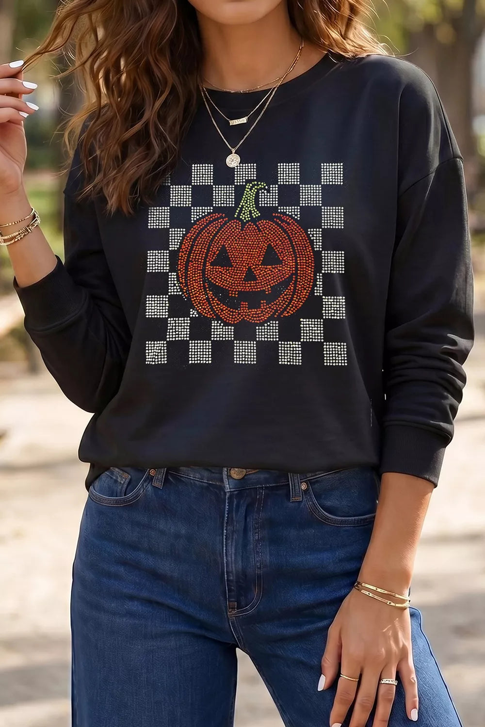 Rhinestone Pumpkin Long Sleeve Sweatshirt - Lilixa.store