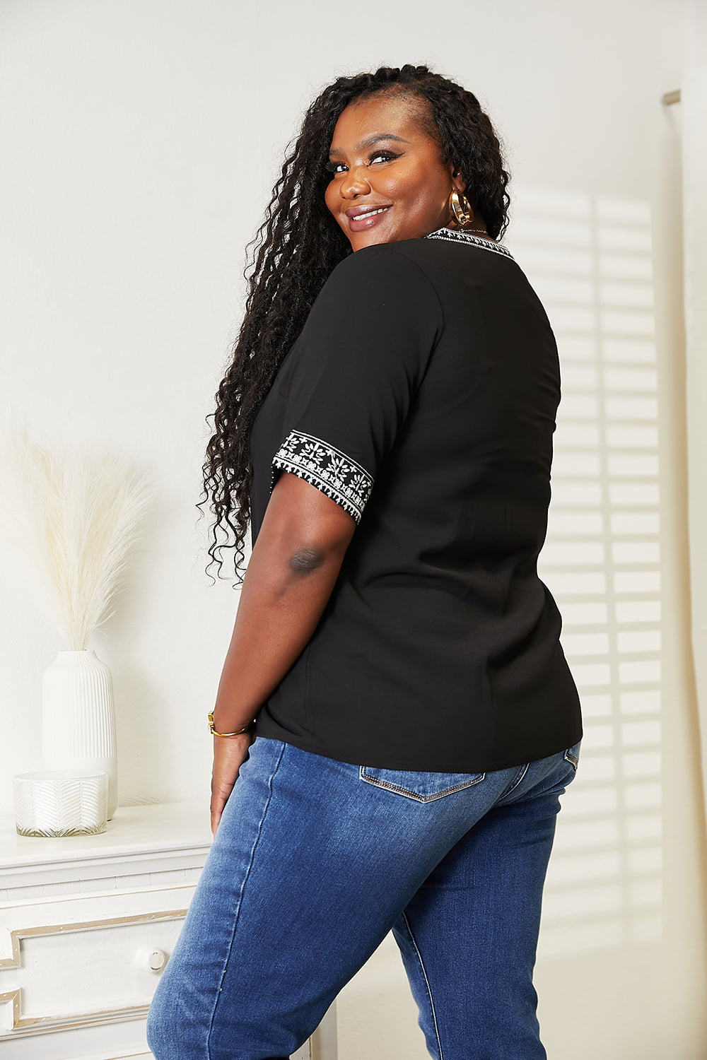 Double Take Embroidered Notched Neck Top in Black, view 10