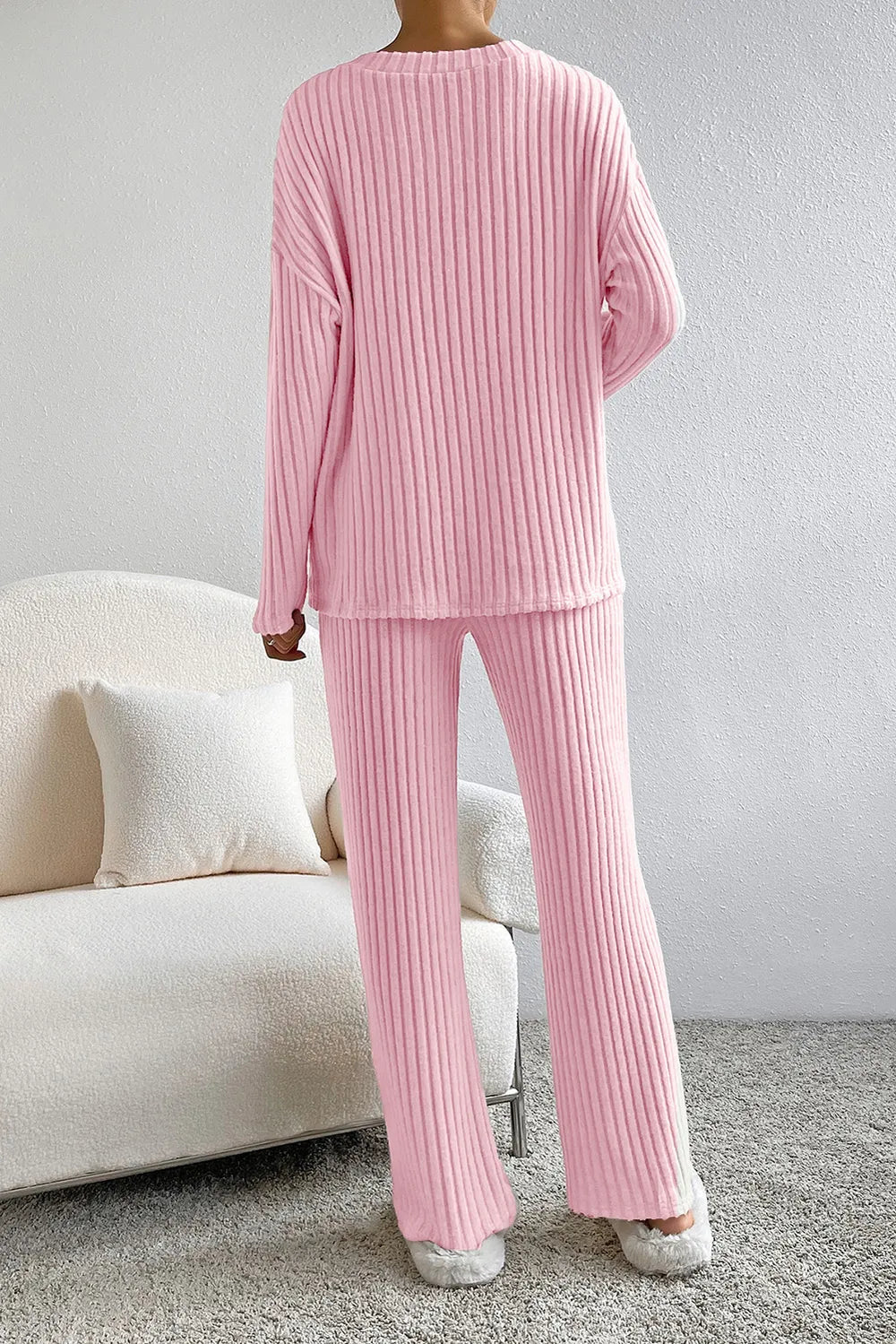 Ribbed V-Neck Top and Pants Lounge Set - Lilixa.store